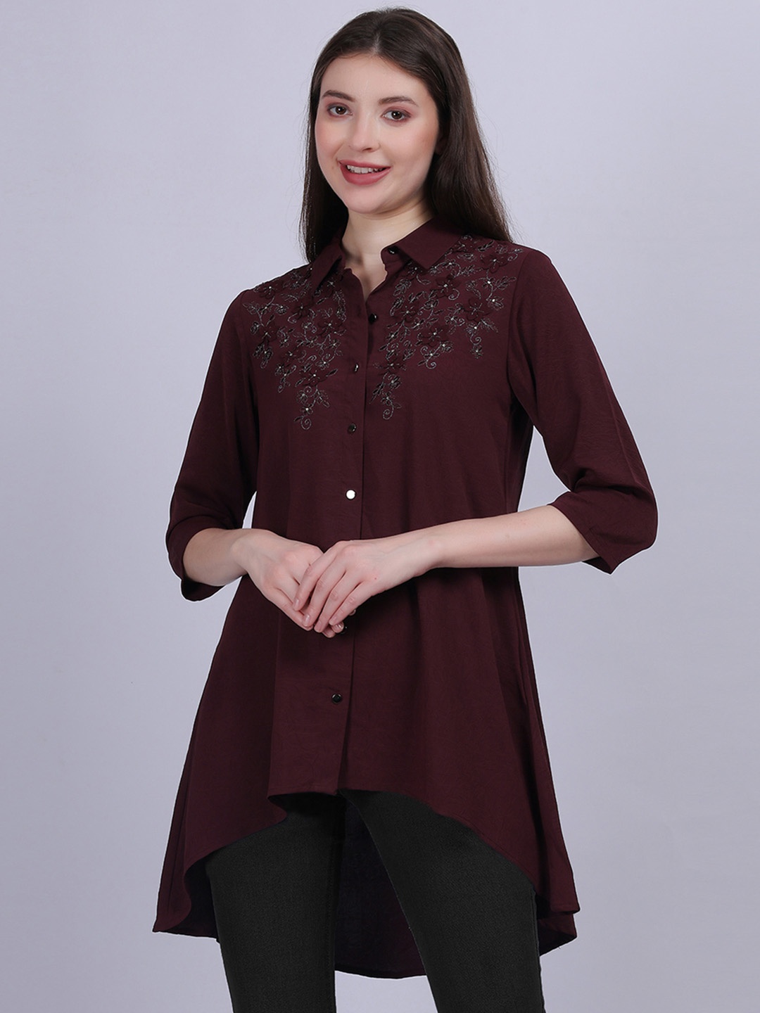 

Aumbe Women Solid Shirt Collar Top, Burgundy