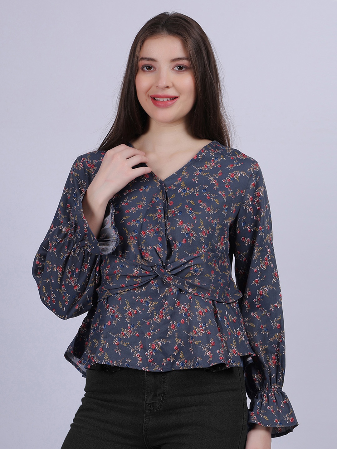 

Aumbe Women Floral Printed V-Neck Top, Navy blue