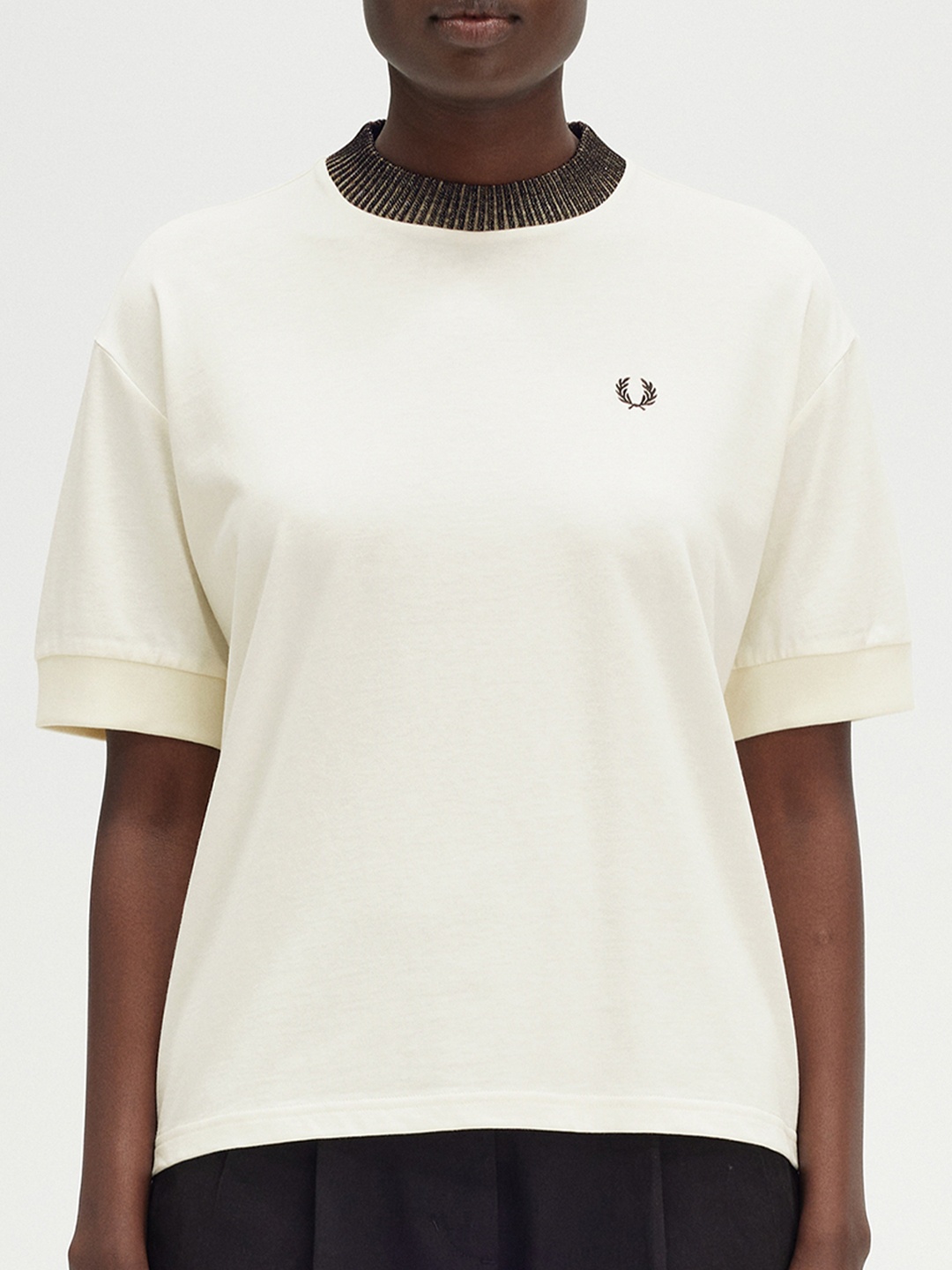

Fred Perry Women Solid Round Neck Cotton Slim Fit T-shirt, Cream