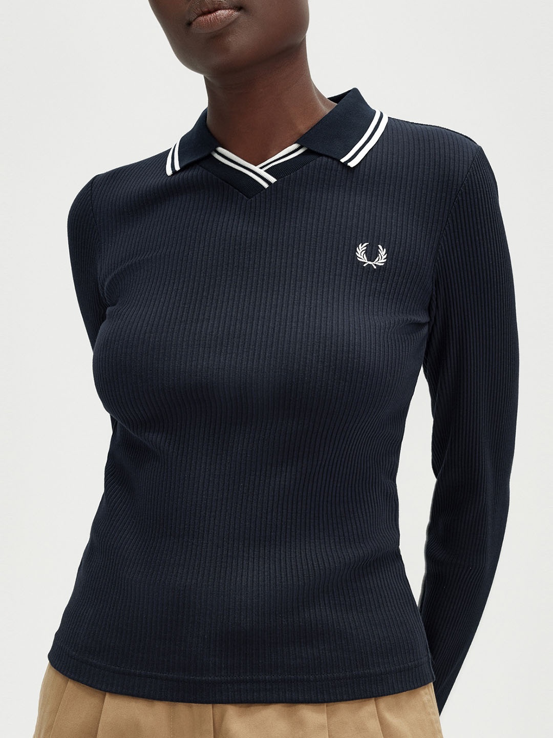 

Fred Perry Women Solid Polo Collar Cotton Slim Fit T-shirt, Navy blue