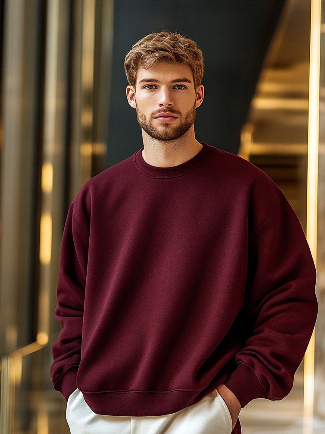 

NOBERO Oversized Solid Sweatshirt, Maroon