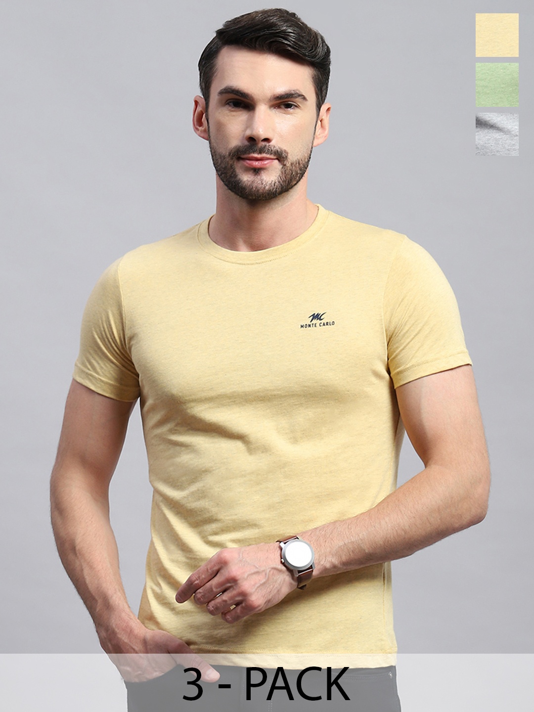 

Monte Carlo Men Pack Of 3 Solid T-shirt, Beige