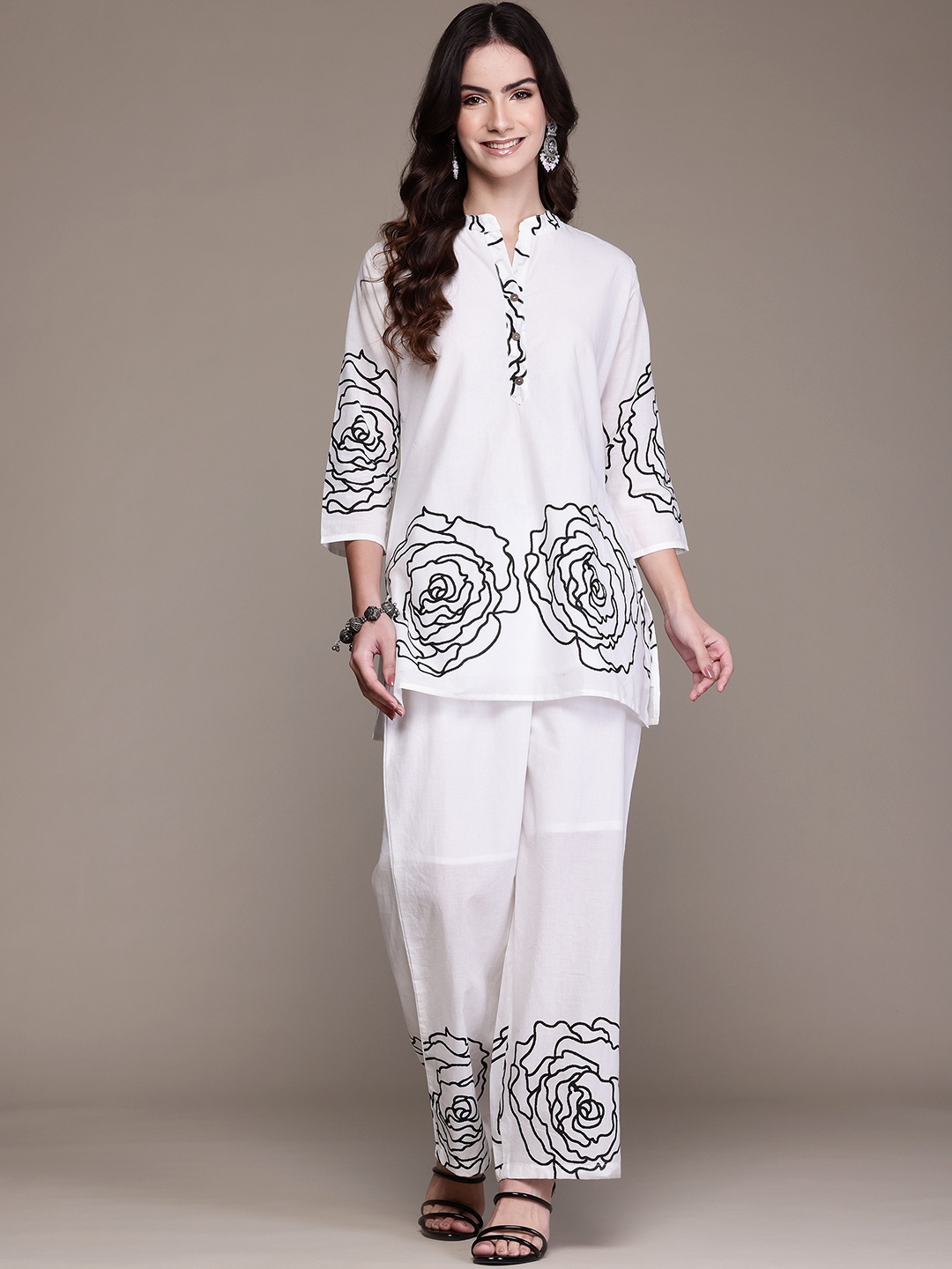 

Readiprint Floral Printed Pure Cotton Tunic With Palazzos, White