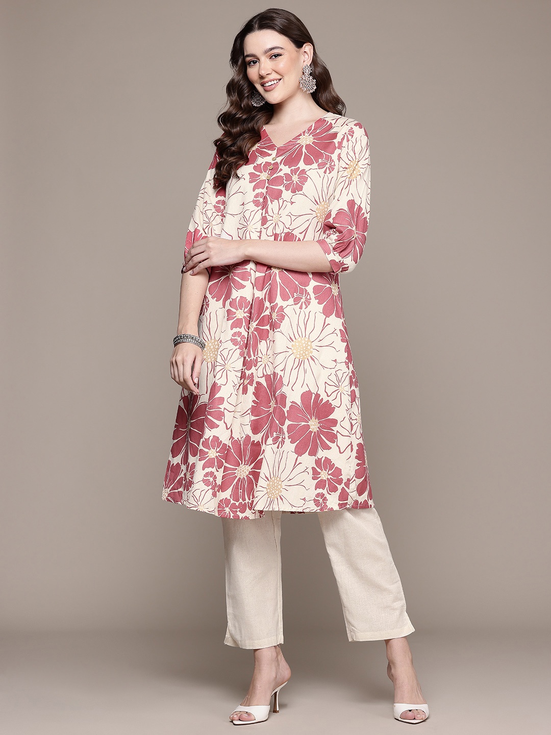 

Readiprint Floral Printed Pleated Pure Cotton Kurta with Palazzos, Red