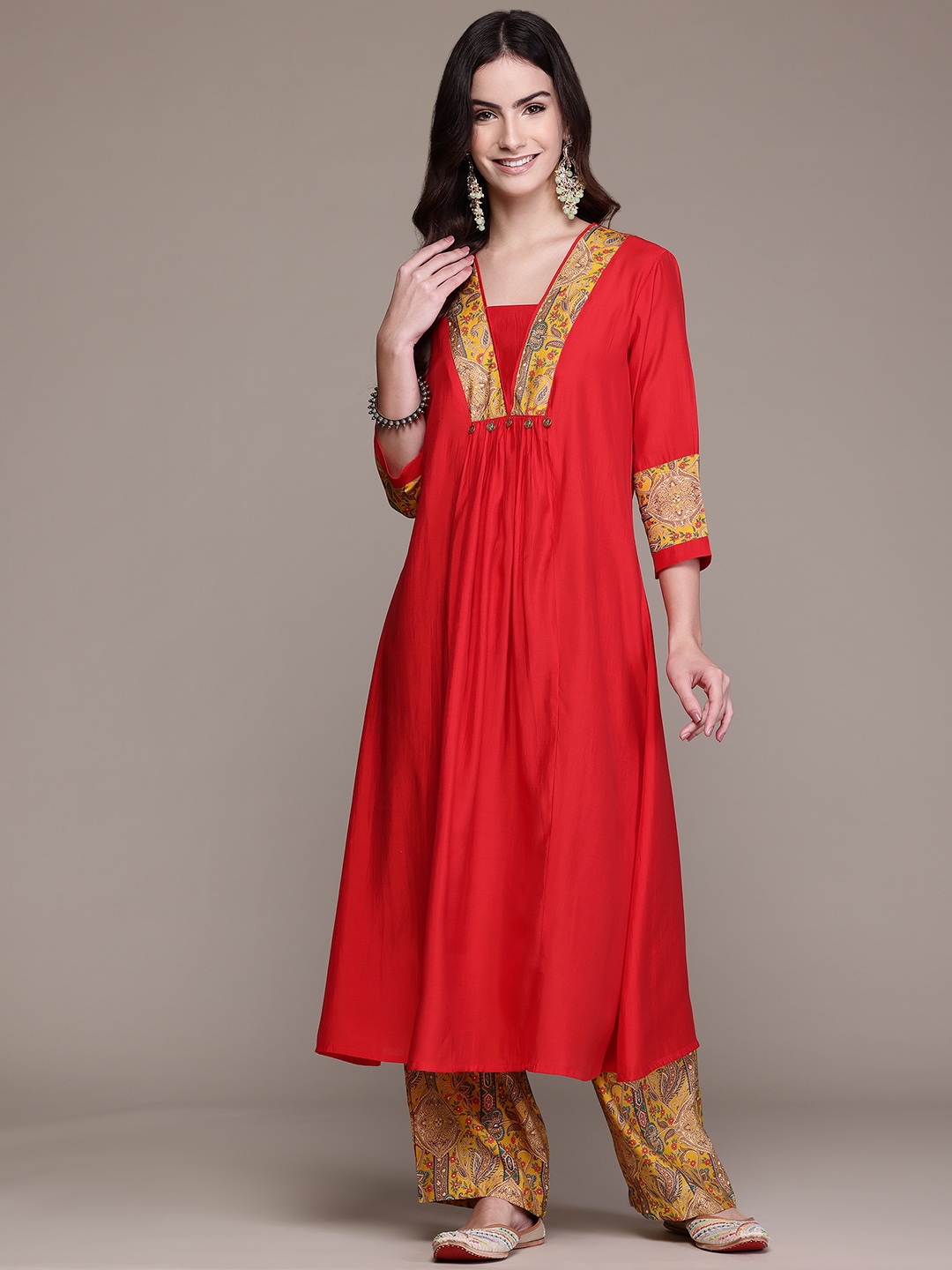 

Readiprint Paisley Yoke Design Pleated Chanderi Silk Kurta with Palazzos, Red