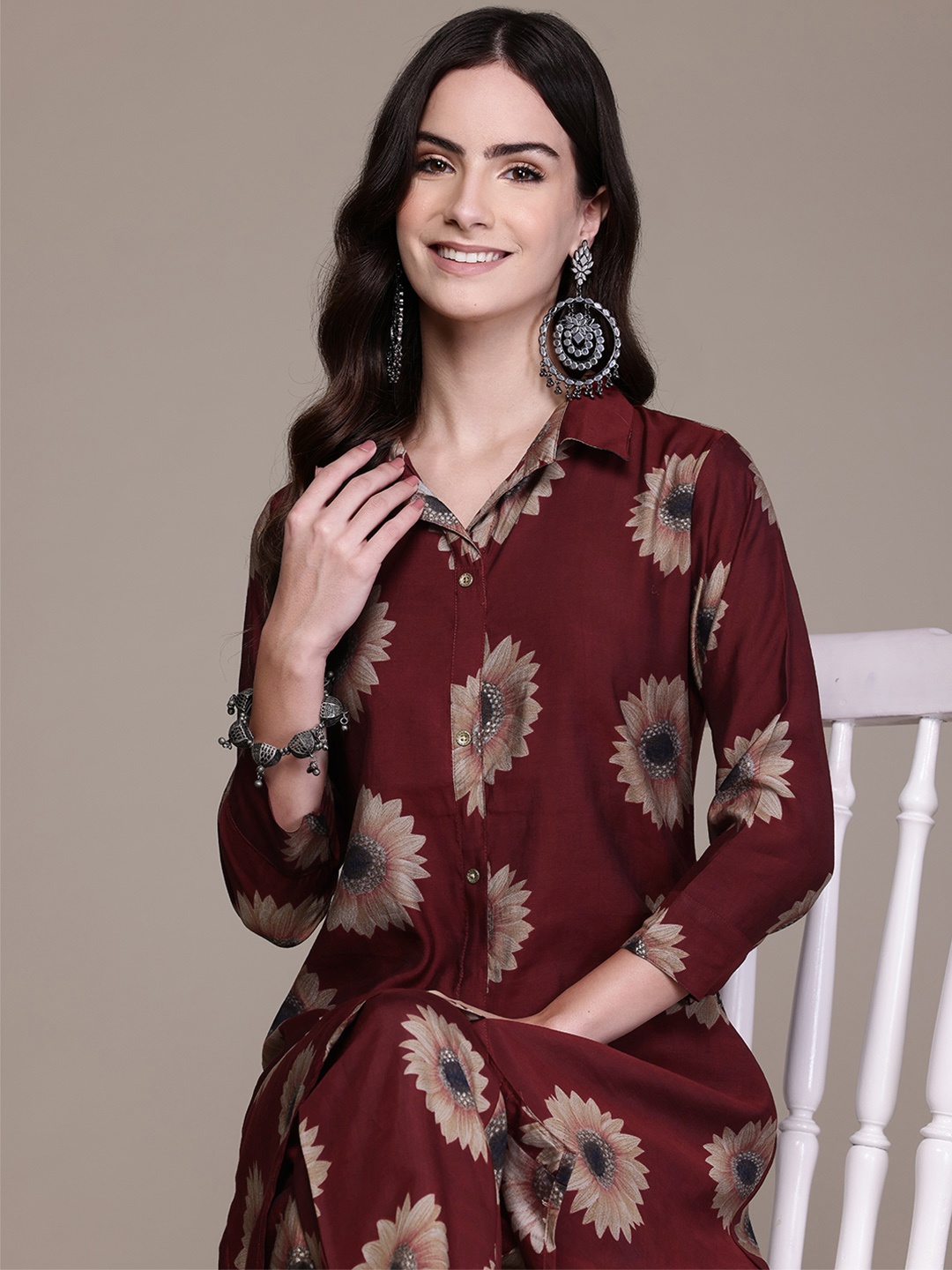 Readiprint Floral Printed Panelled Pure Silk Kurta with Trousers, Maroon