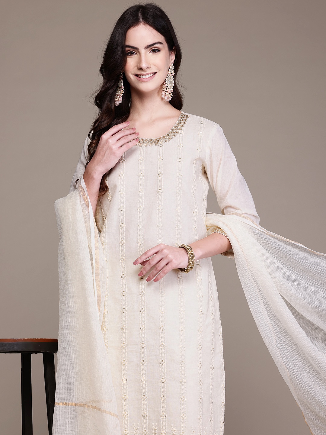 

Readiprint Floral Embroidered Sequinned Pure Cotton Kurta with Trousers & Dupatta, Off white