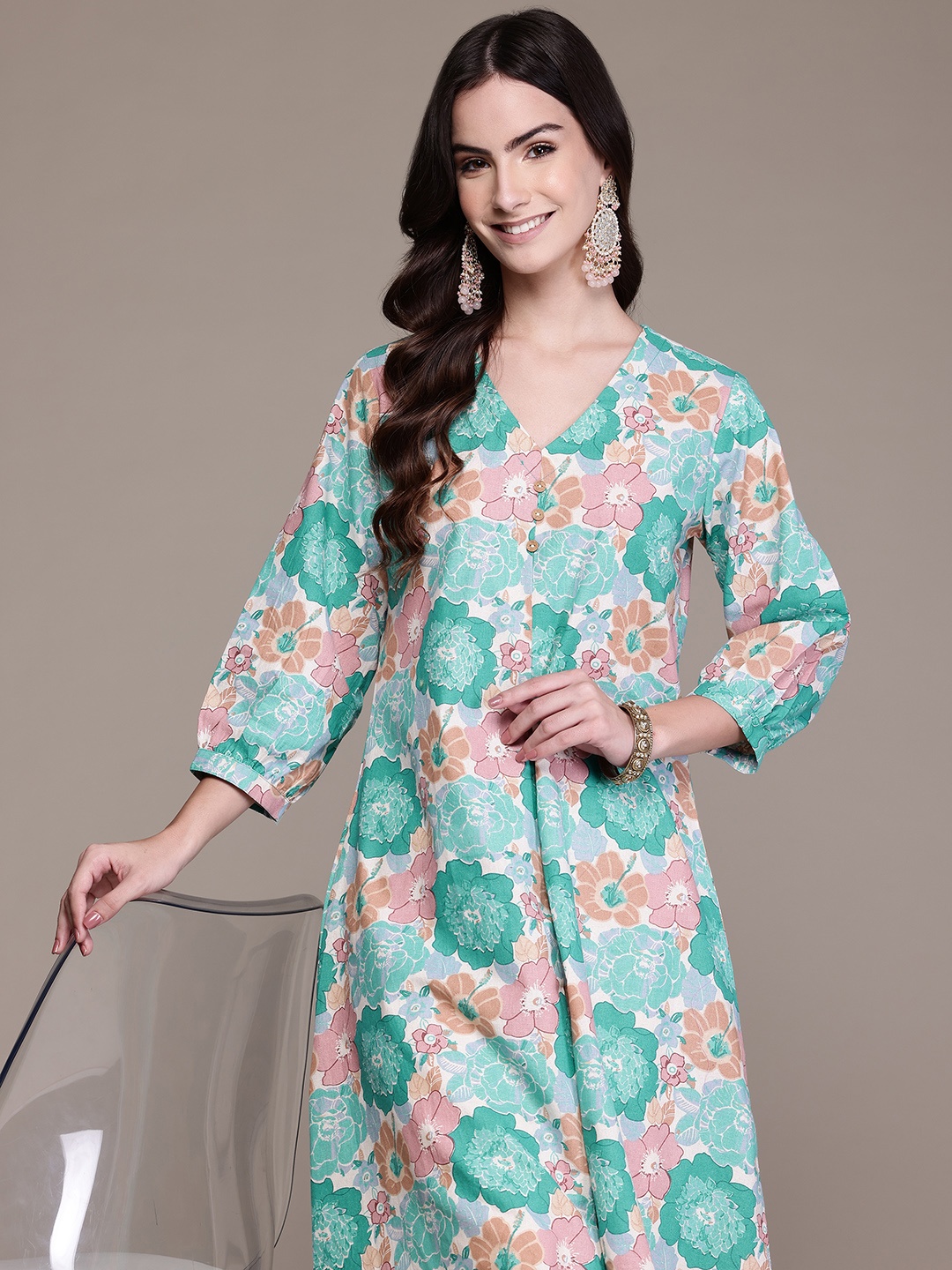 Readiprint Floral Printed Pleated Pure Cotton Kurta with Trousers, Sea green