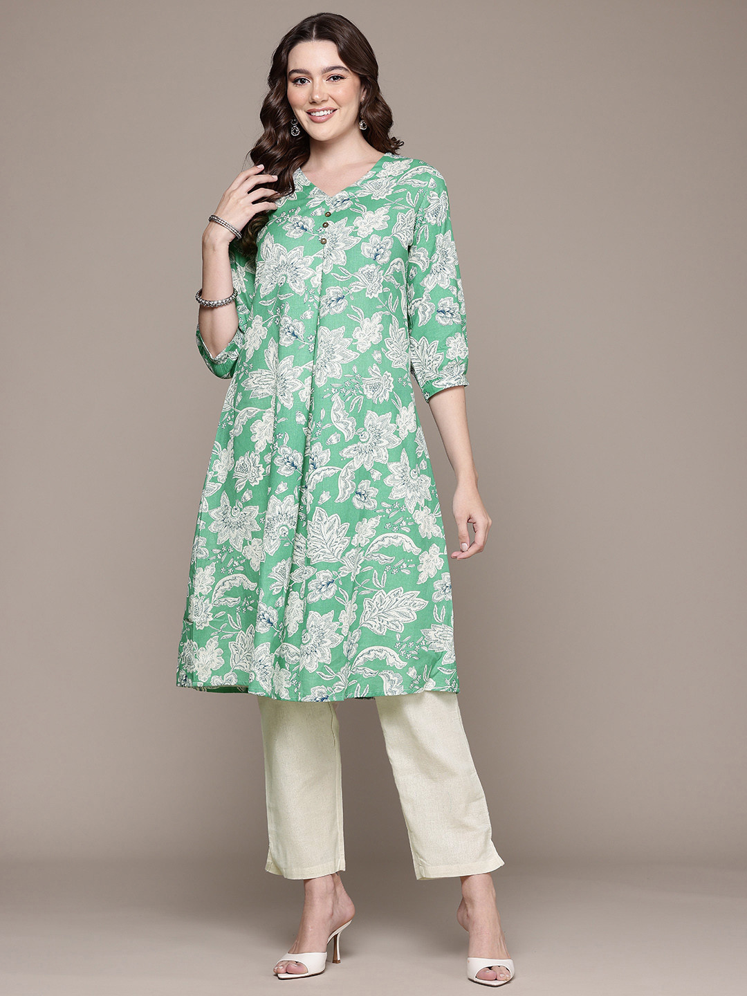 

Readiprint Floral Printed Pleated Pure Cotton Kurta with Palazzos, Green