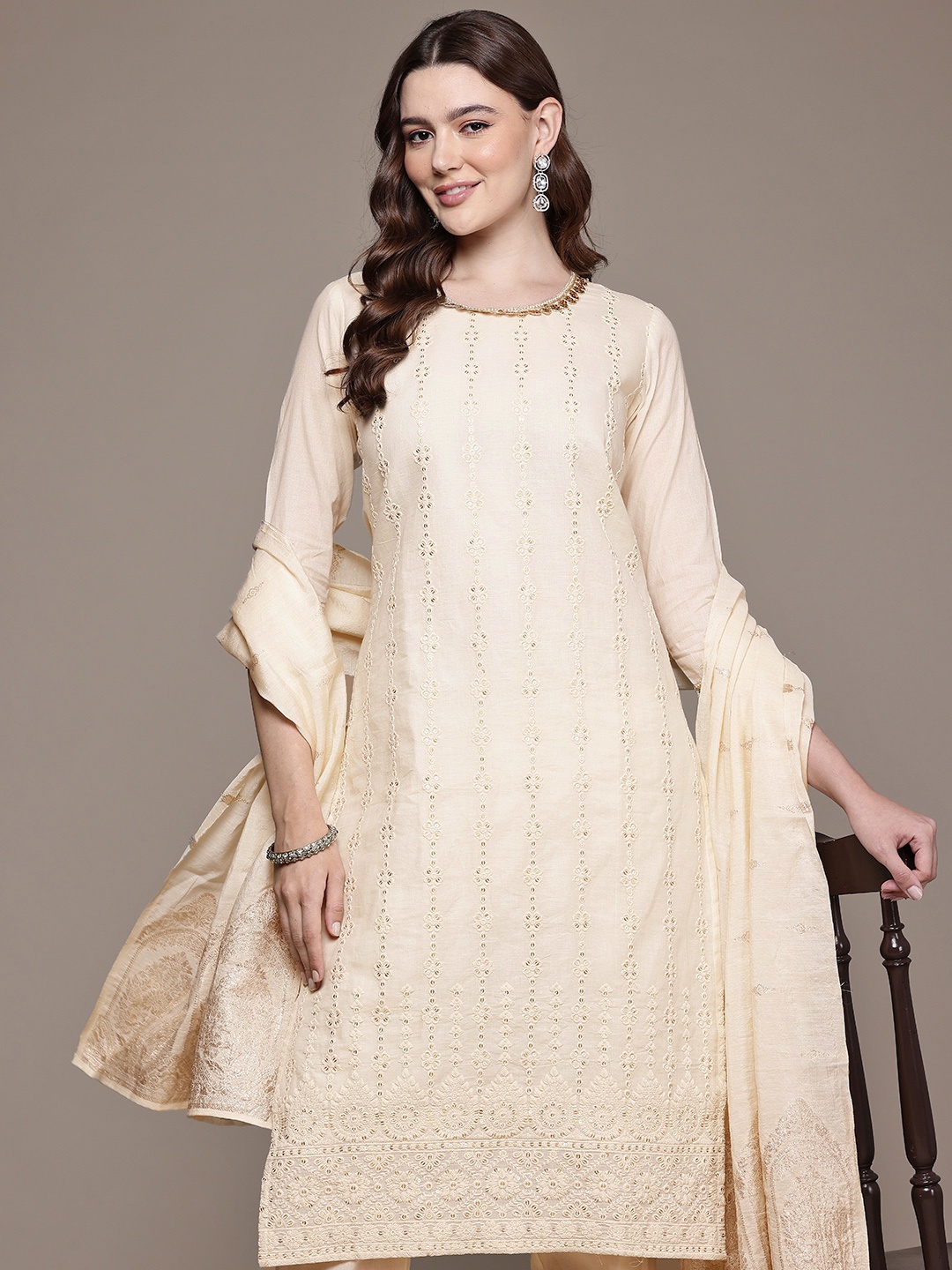 

Readiprint Floral Thread Work Pure Cotton Kurta with Palazzos & Dupatta, Off white