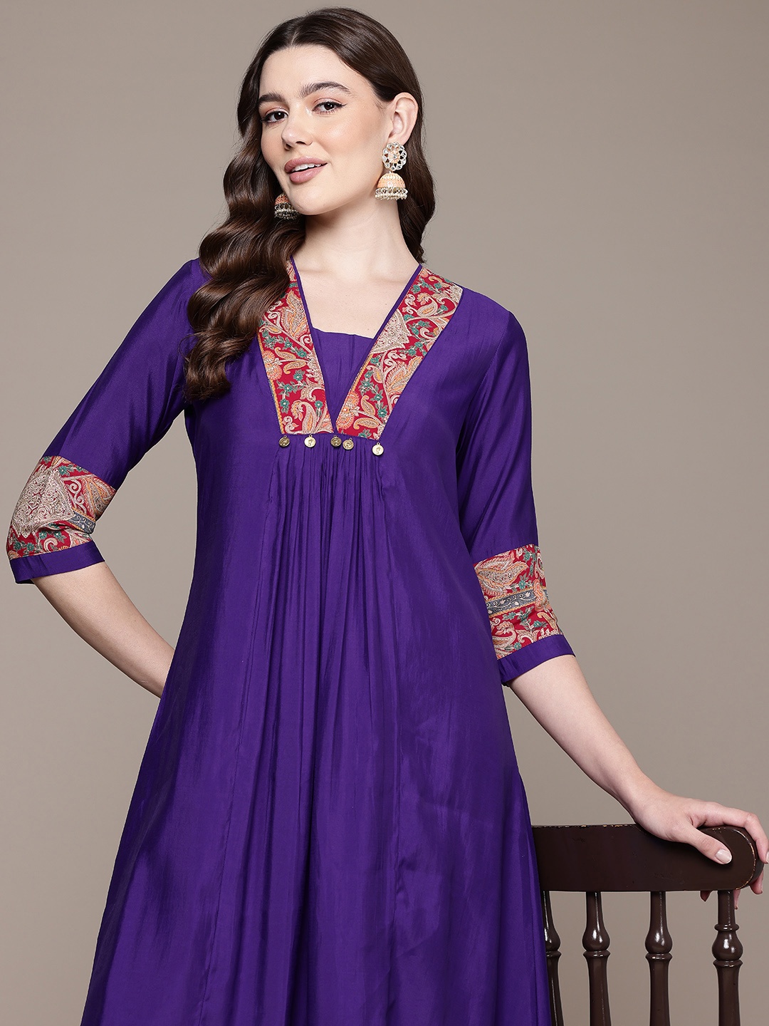 

Readiprint Paisley Yoke Design Pleated Chanderi Silk Kurta with Trousers, Purple