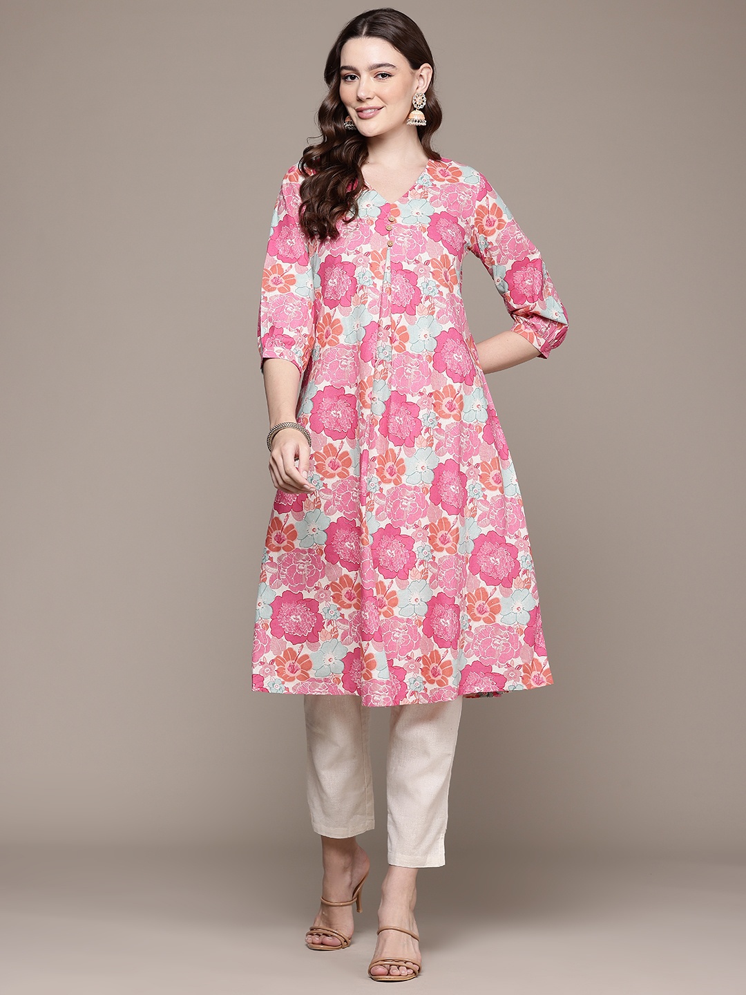 

Readiprint Floral Printed Pleated Pure Cotton Kurta with Trousers, Pink