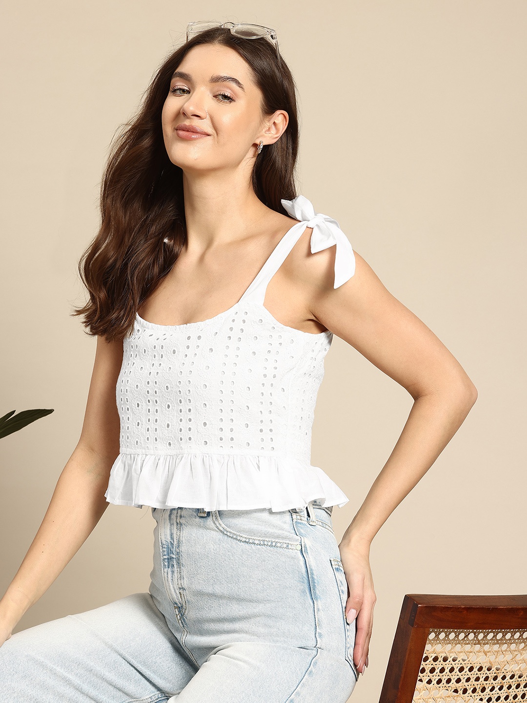 

Mast & Harbour Tie-up Straps Cotton Schiffli Top, White