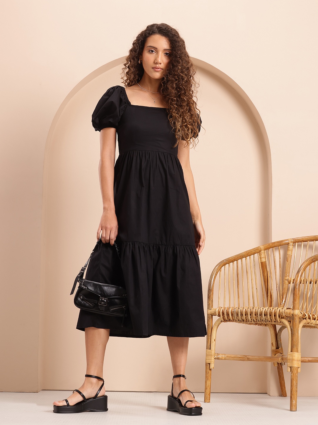 

Mast & Harbour Puff Sleeve Fit & Flare Midi Dress, Black