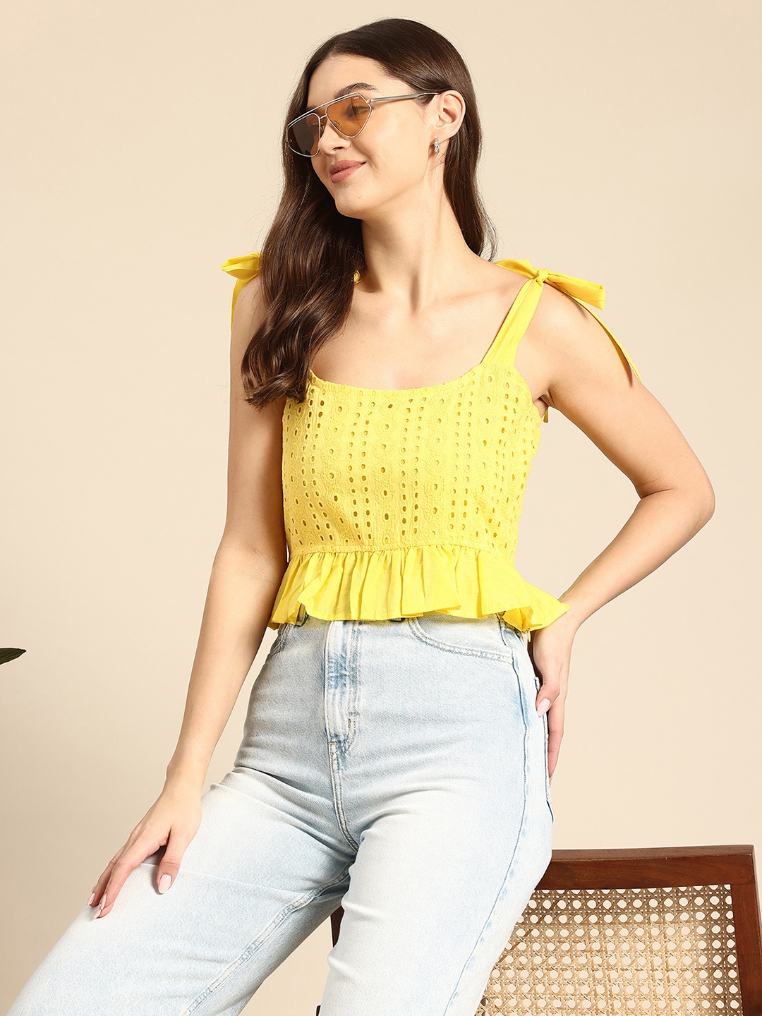 

Mast & Harbour Tie-up Straps Cotton Schiffli Top, Yellow