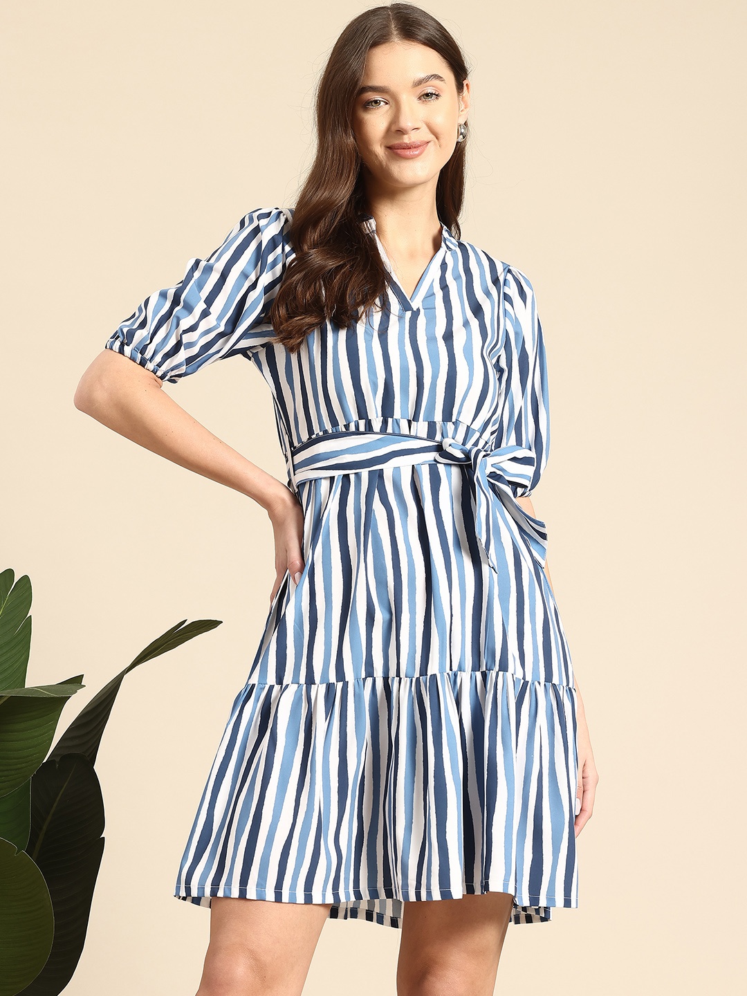 

Mast & Harbour Dress Striped Shirt Style Dress Comes With a Belt, White