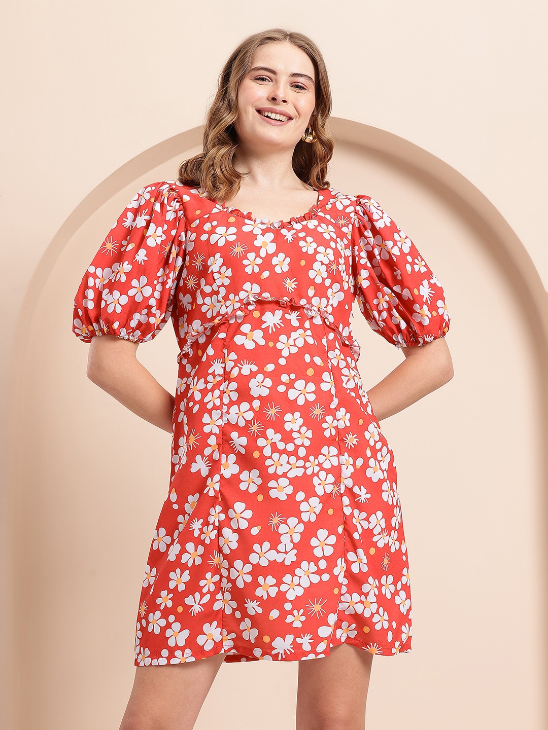 

Mast & Harbour Floral Print Ruffled A-Line Dress, Red