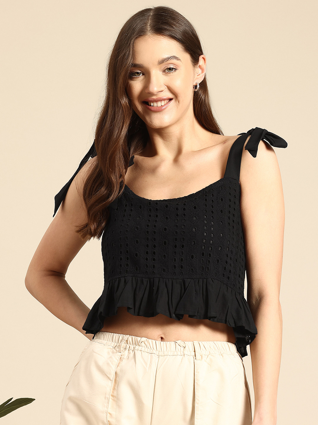 

Mast & Harbour Tie-up Straps Cotton Schiffli Top, Black