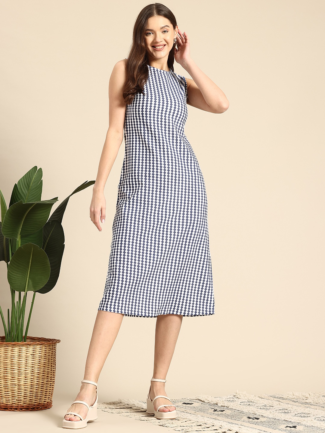 

Mast & Harbour Geometric Self-Design A-Line Midi Dress, White