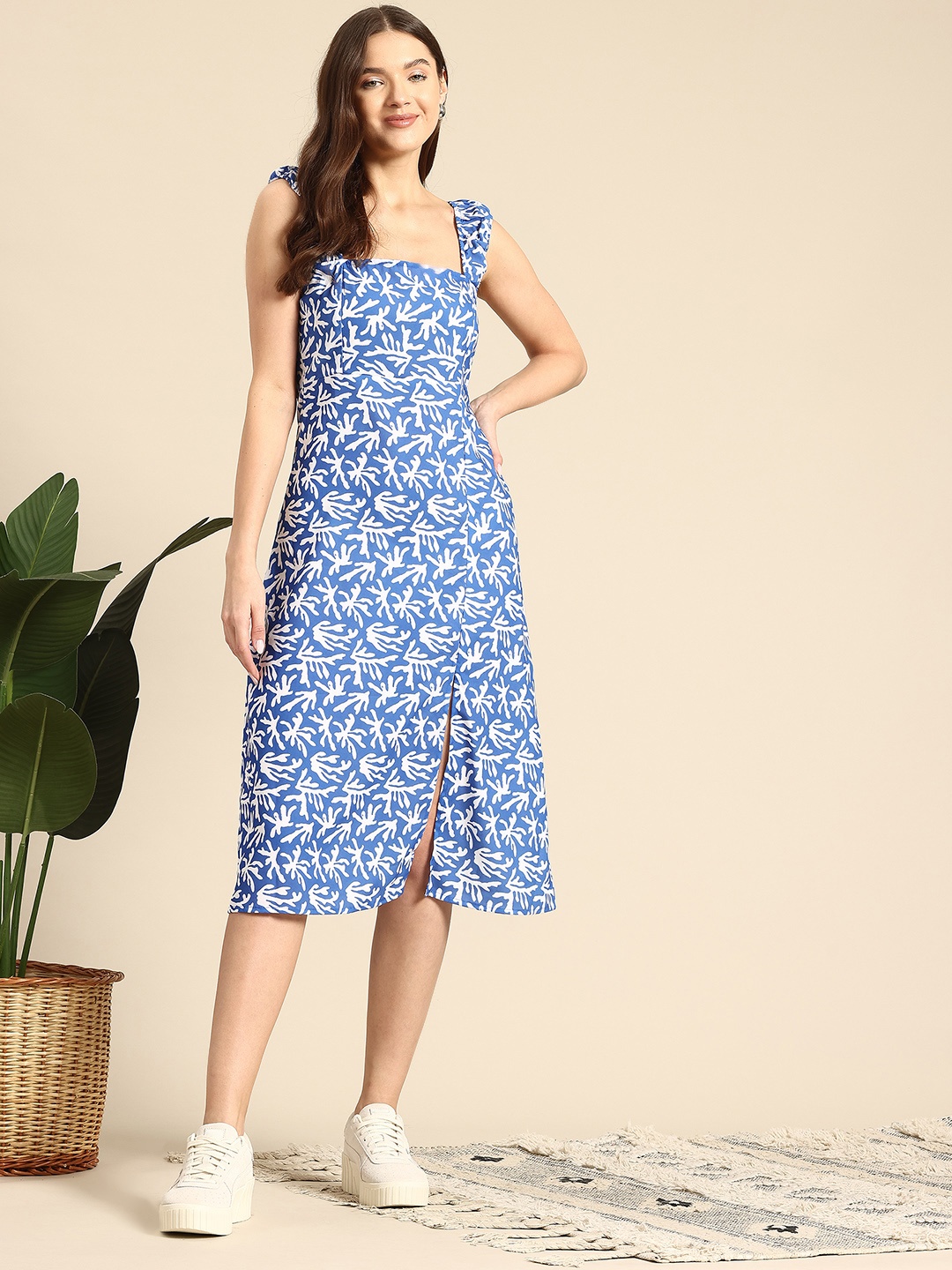 

Mast & Harbour Smocked Printed Sheath Midi Dress, Blue