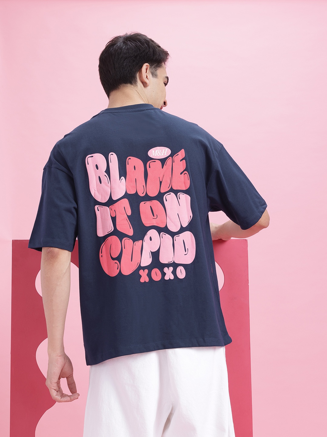 Mast & Harbour Twin Collection Oversized Printed Drop-Shoulder Sleeves T-shirt, Navy blue