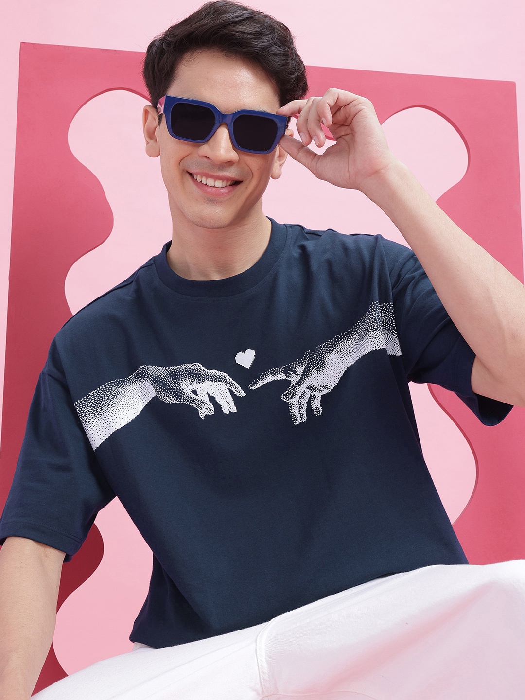 

Mast & Harbour Let's Twin Graphics Print Drop-Shoulder Sleeves Relaxed Fit T-shirt, Navy blue