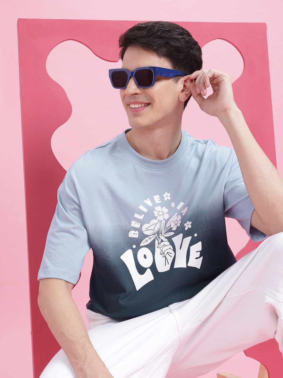 Mast & Harbour Ombre-Dyed Typography Print Relaxed T-shirt, Blue