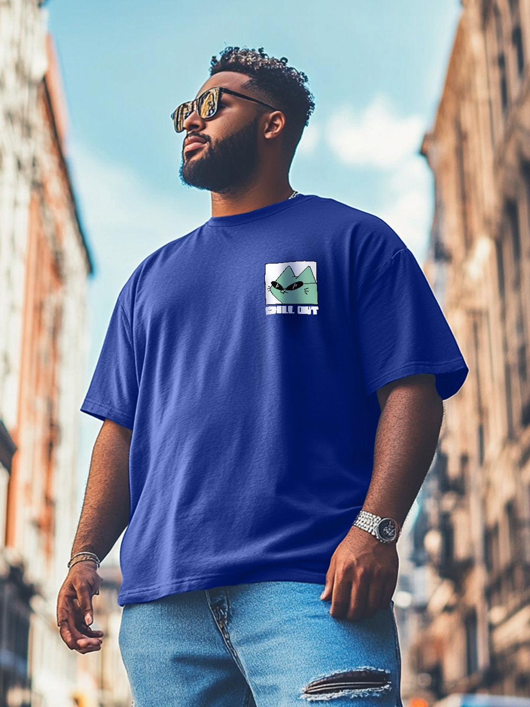 VEIRDO Men Solid Round Neck Pure Cotton Oversized T-shirt, Blue