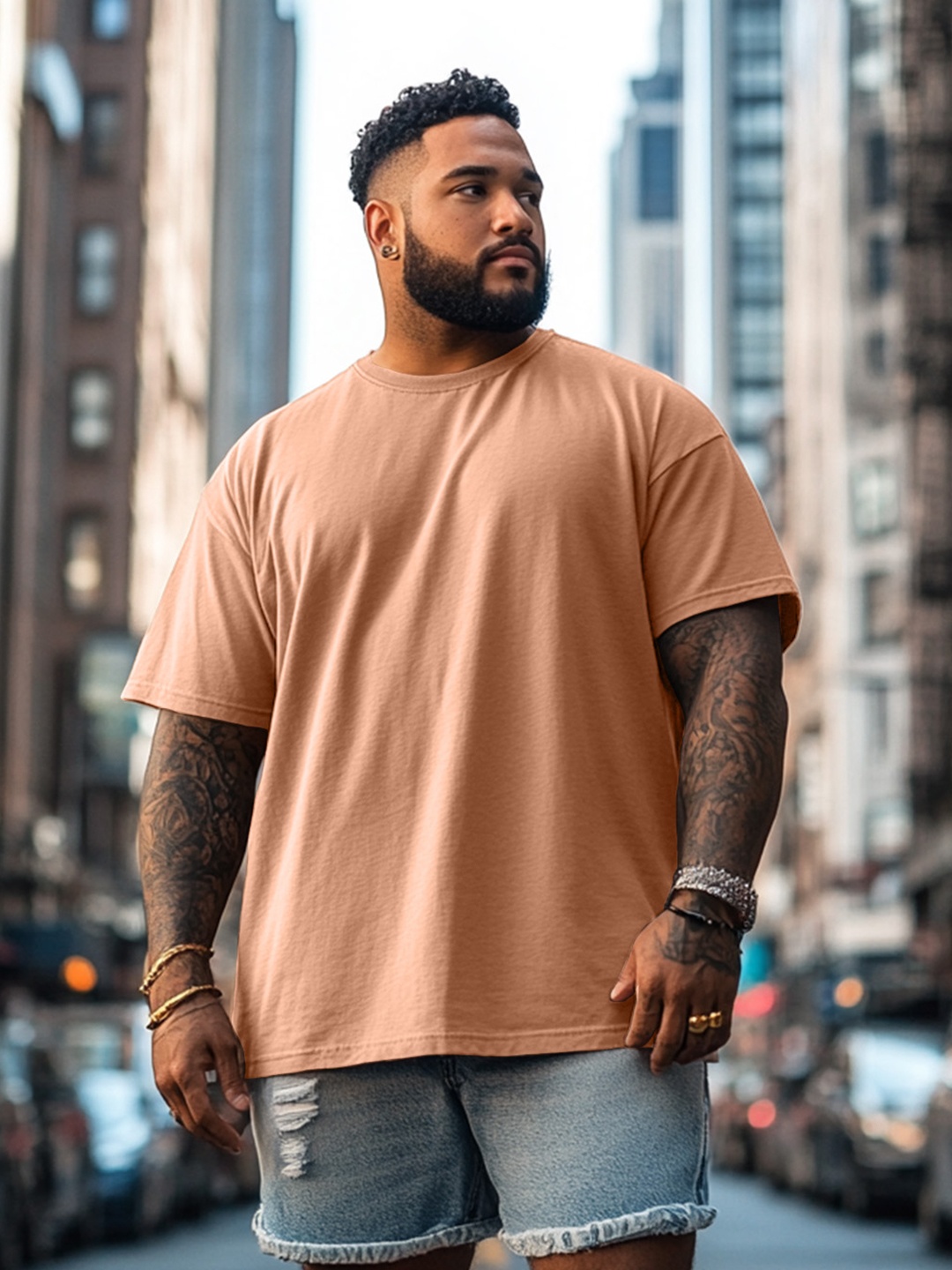 

VEIRDO Men Solid Round Neck Pure Cotton Oversized T-shirt, Brown
