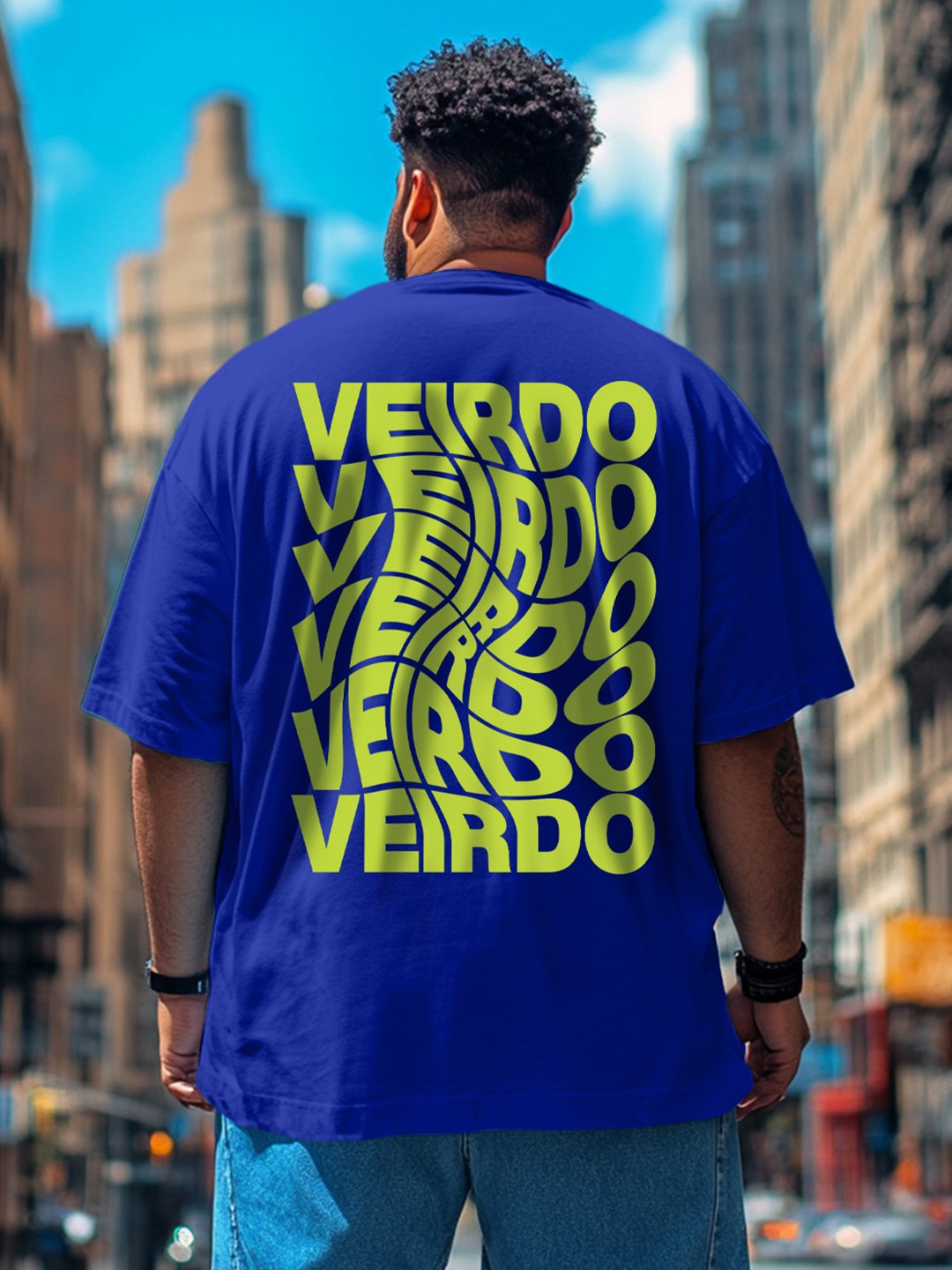 

VEIRDO Men Typography Printed Round Neck Pure Cotton Oversized T-shirt, Blue