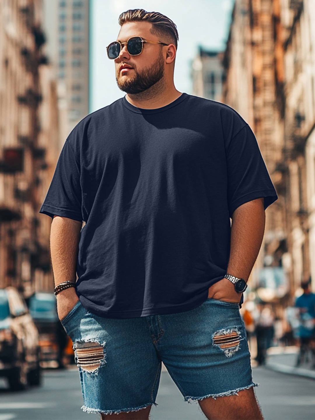 

VEIRDO Men Solid Round Neck Pure Cotton Oversized T-shirt, Navy blue