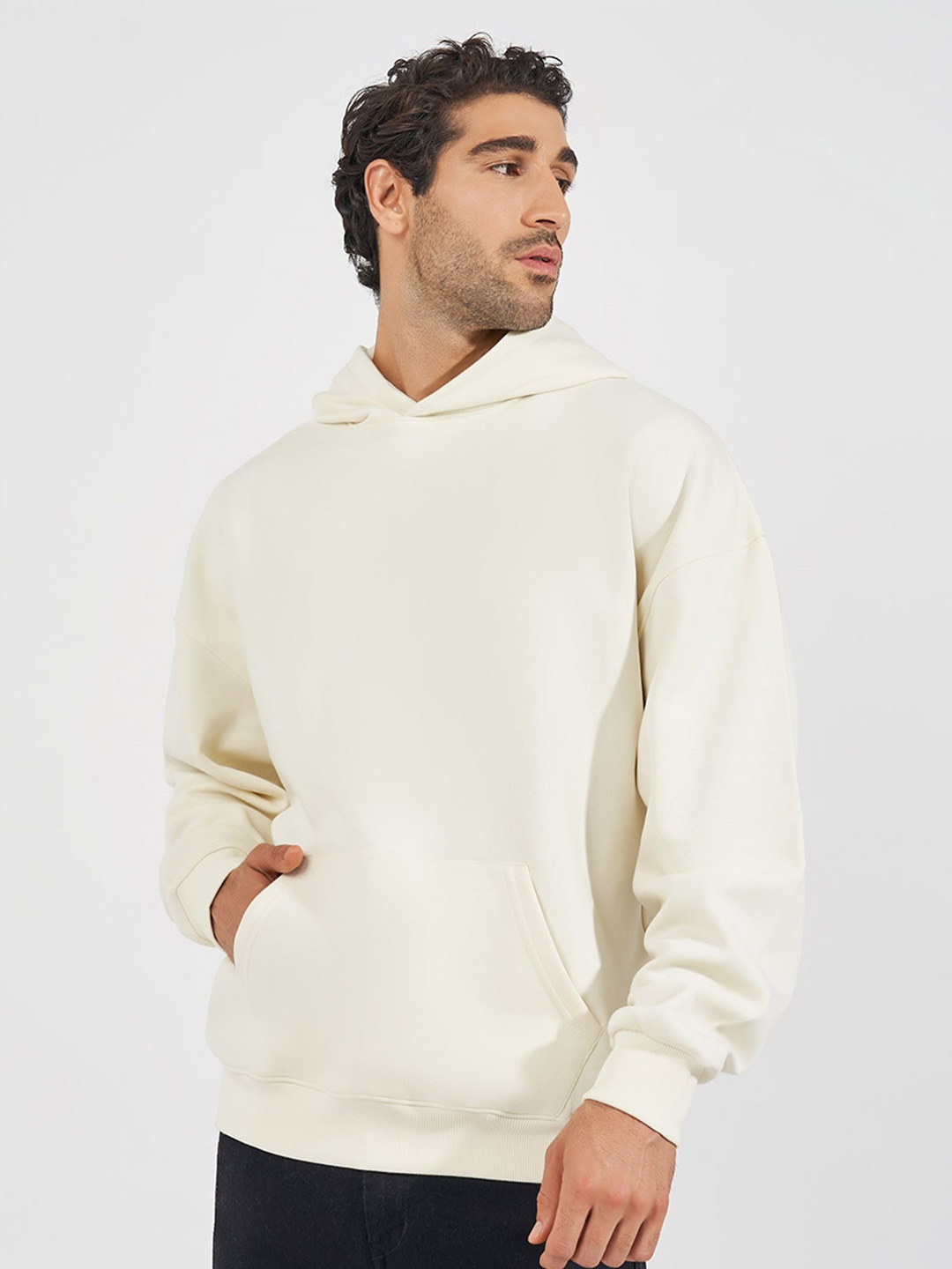 

Styli Men Solid Oversized Hooded Pullover Sweatshirt, Cream