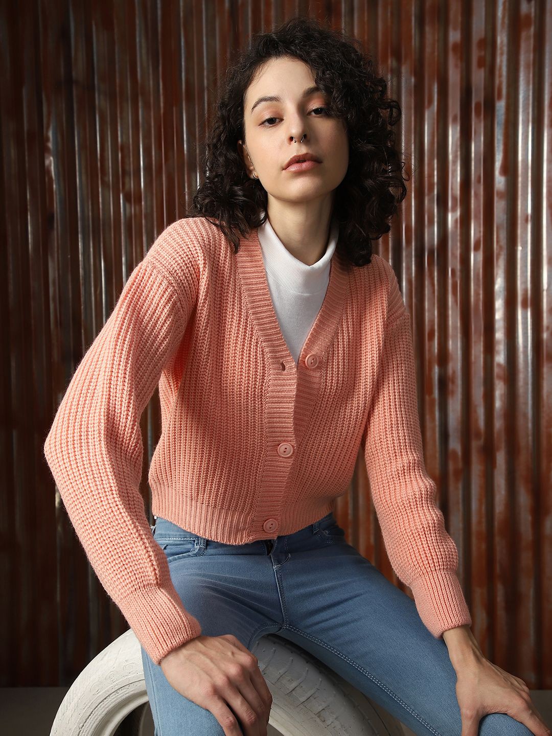 

High Star Women Crop Sweater Boxy Fit Cardigan, Peach