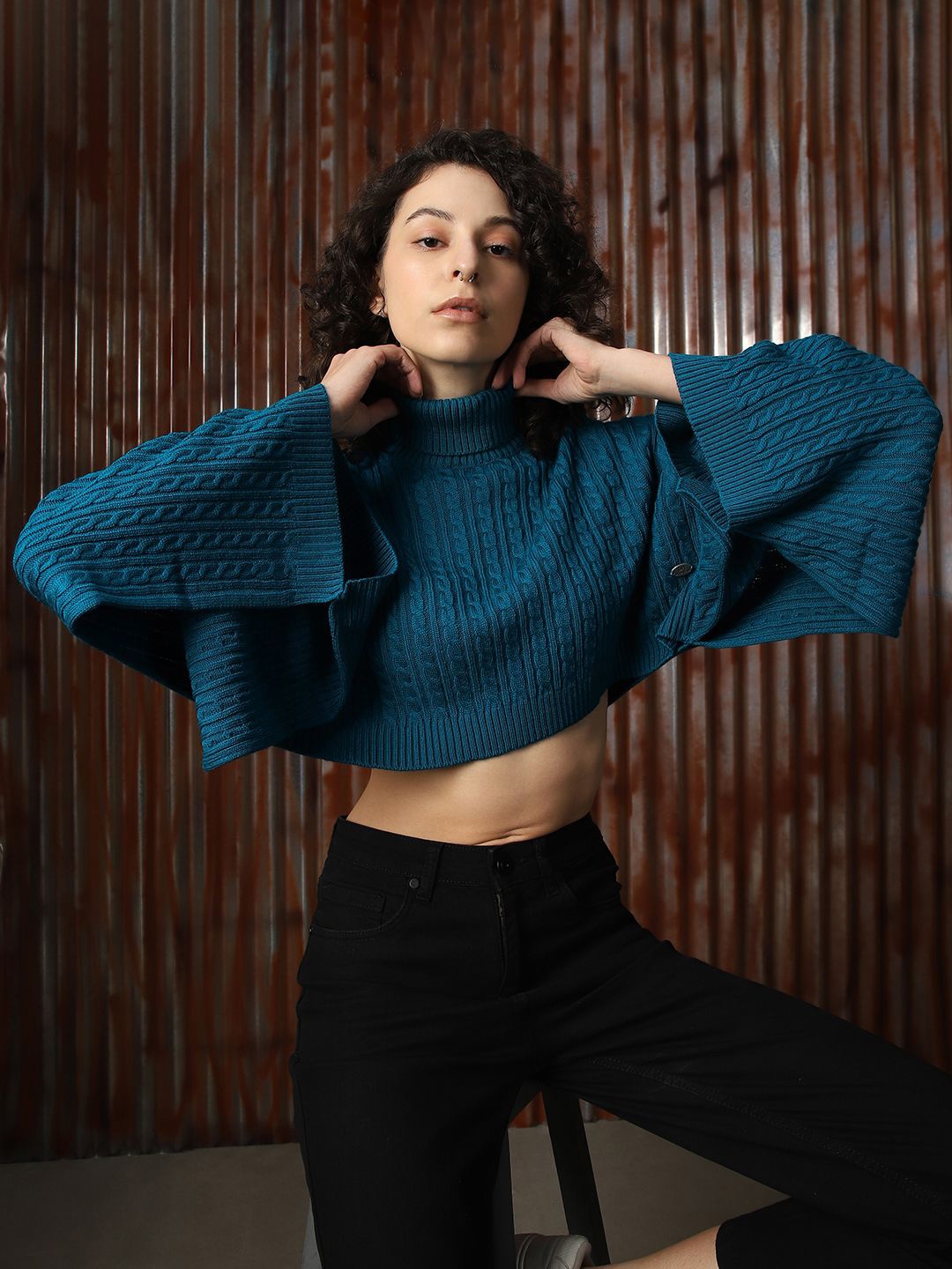 

High Star Women Self Design Cabel Knit Crop Oversized Turtle Neck Pullover, Blue