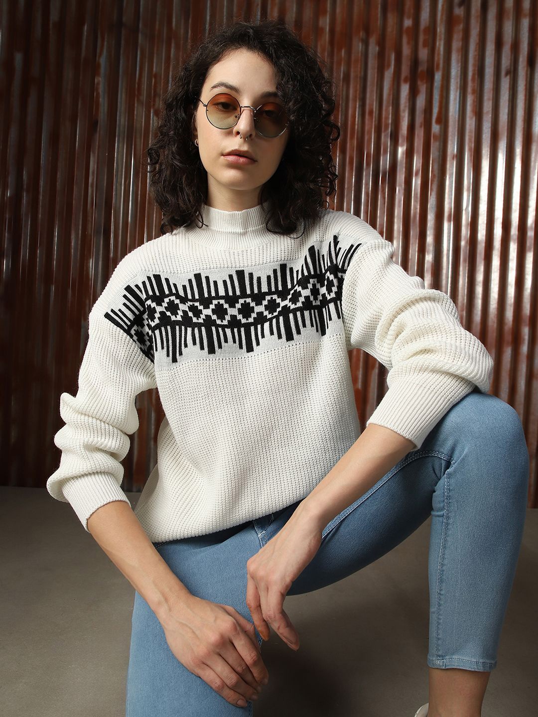 

High Star Women Self Design Long Sleeves Pullover, Off white