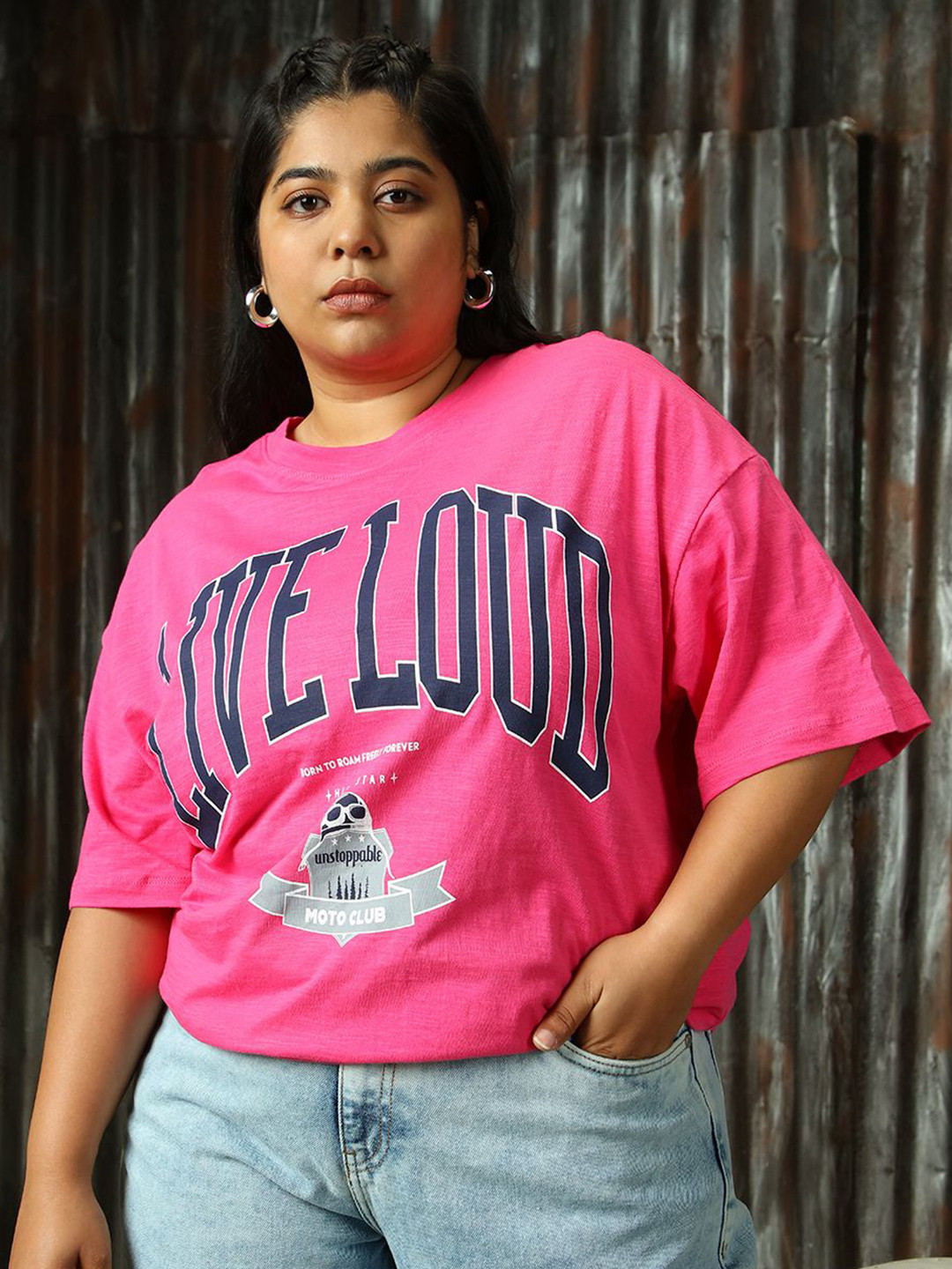 

Freeform by High Star Women Typography Printed Cotton Oversized Plus Size Textured T-shirt, Magenta