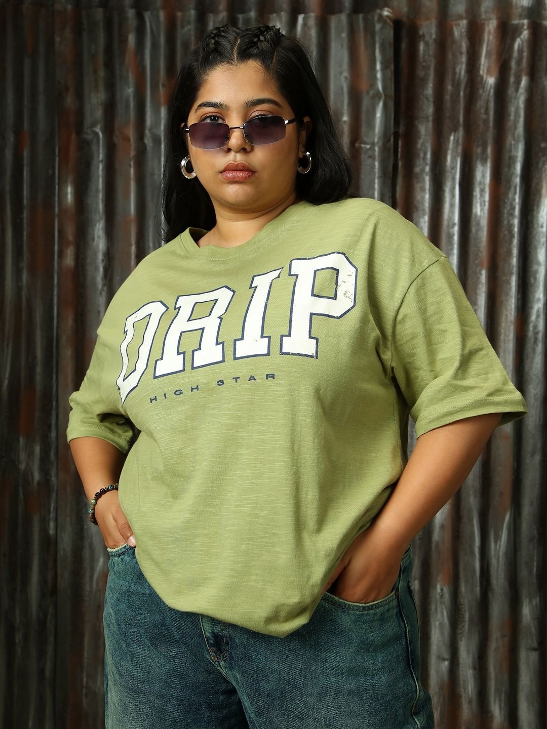 

Freeform by High Star Women Typography Printed Cotton Oversized Plus Size Textured T-shirt, Green