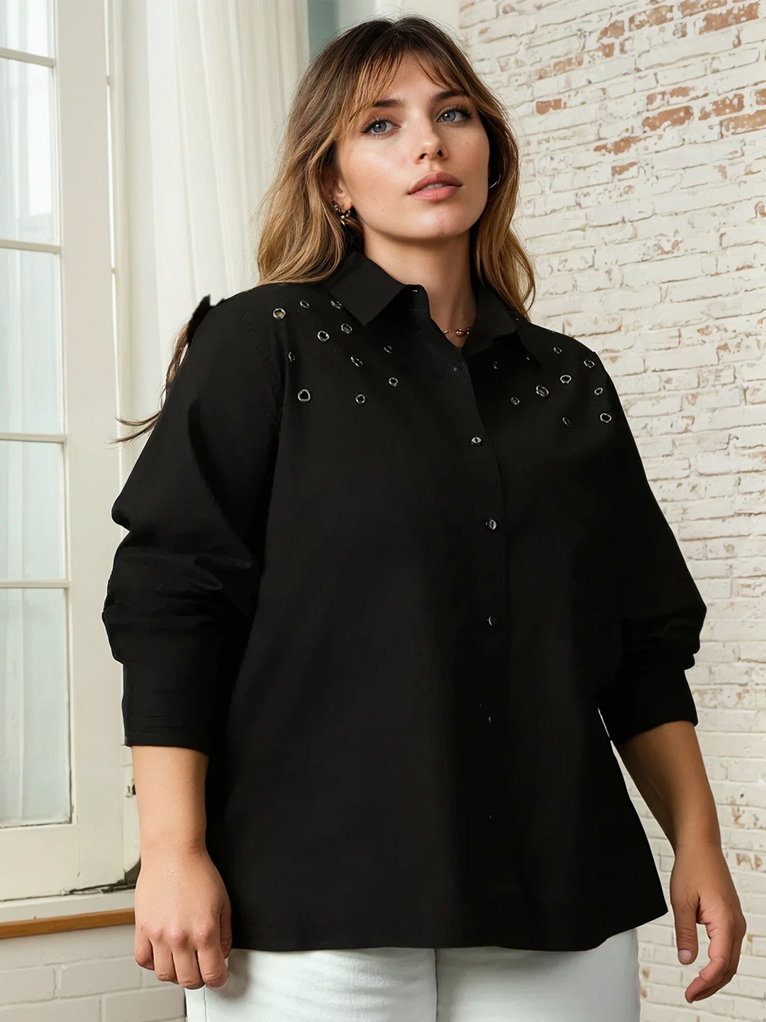 

Freeform by High Star Women Plus Size Embelished Solid Cotton Oversized Casual Shirt, Black