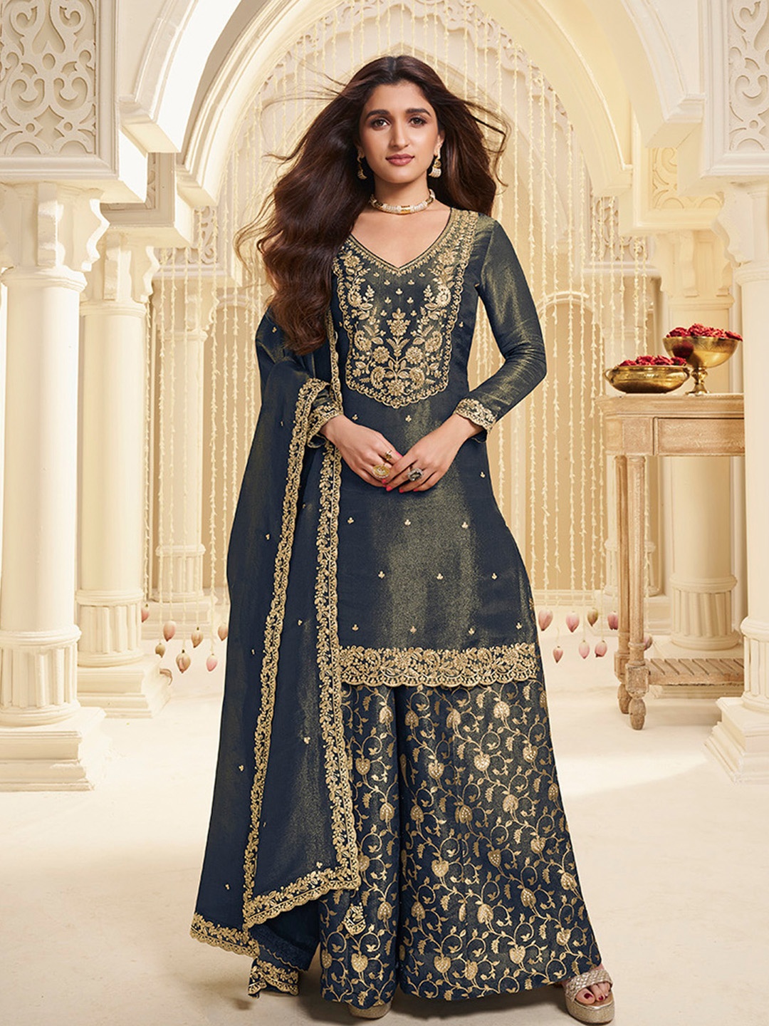 

Seerat Women Ethnic Motifs Embroidered Regular Kurti with Sharara & Dupatta, Blue