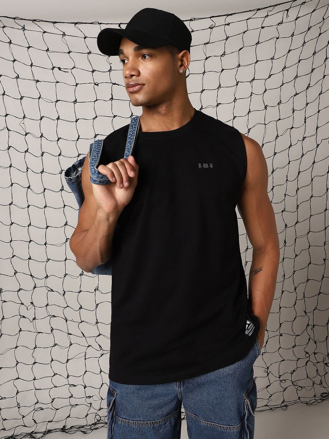 

Hubberholme Men Round Neck Cotton Oversized Vest Sleeveless T-shirt, Black