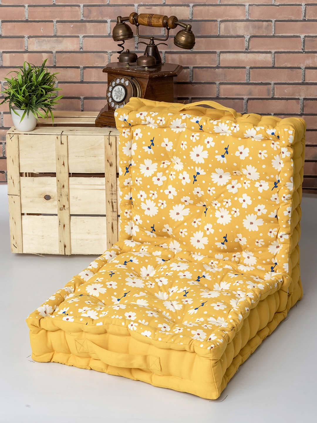 

SKANDA FAB Mustard Yellow & White 2 Pieces Floral Printed Cotton Floor Cushions