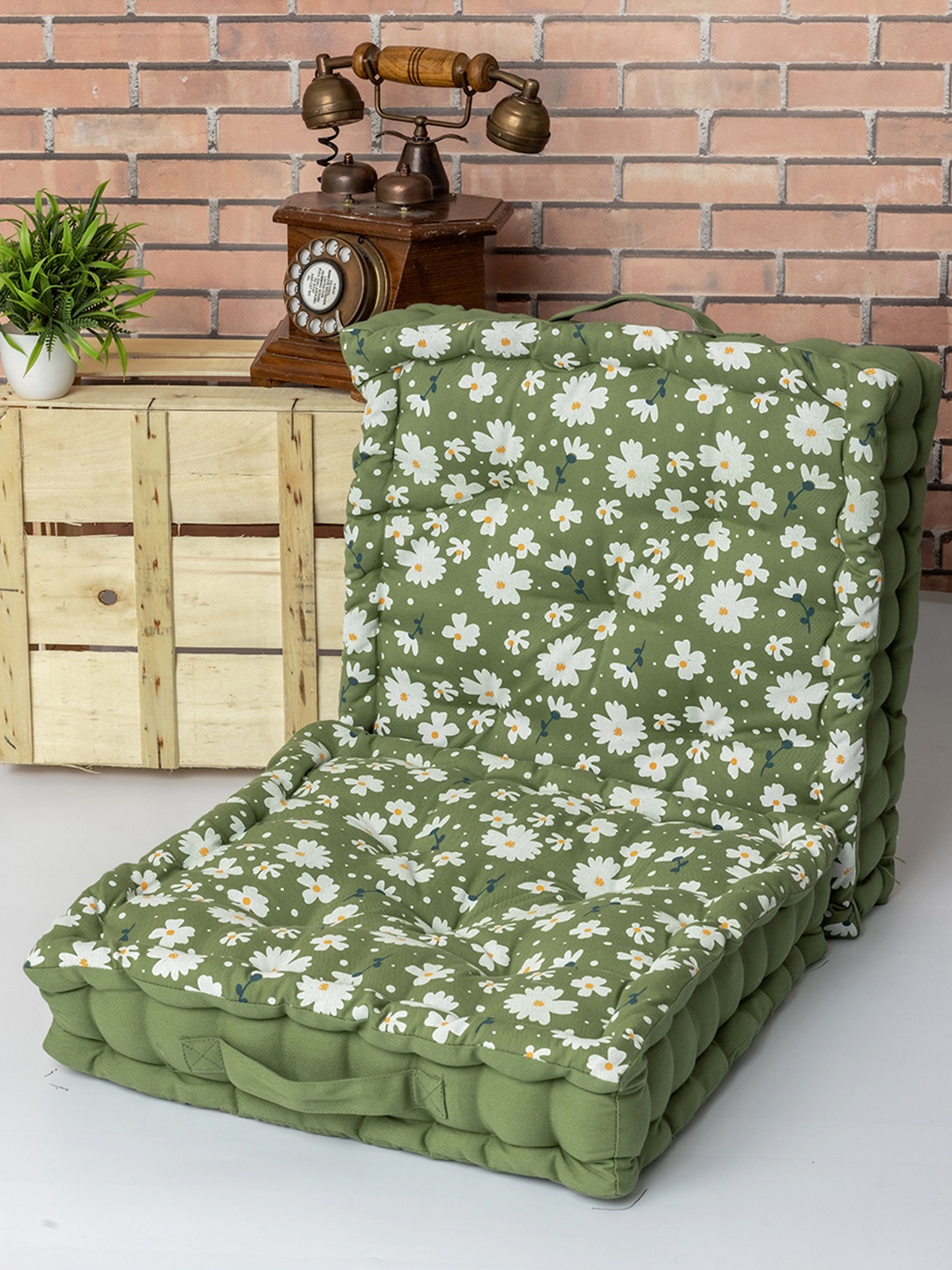 SKANDA FAB Green & White 2 Pieces Floral Printed Cotton Floor Cushions