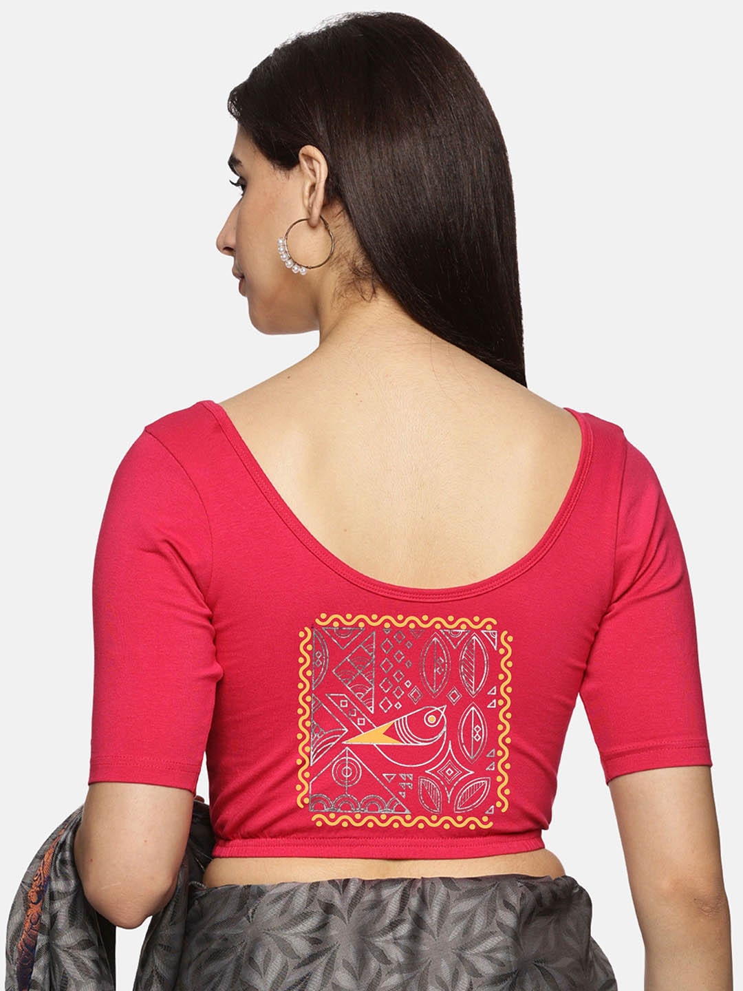 

NOT YET by us Printed Non-Padded Stretchable Cotton Saree Blouse, Pink