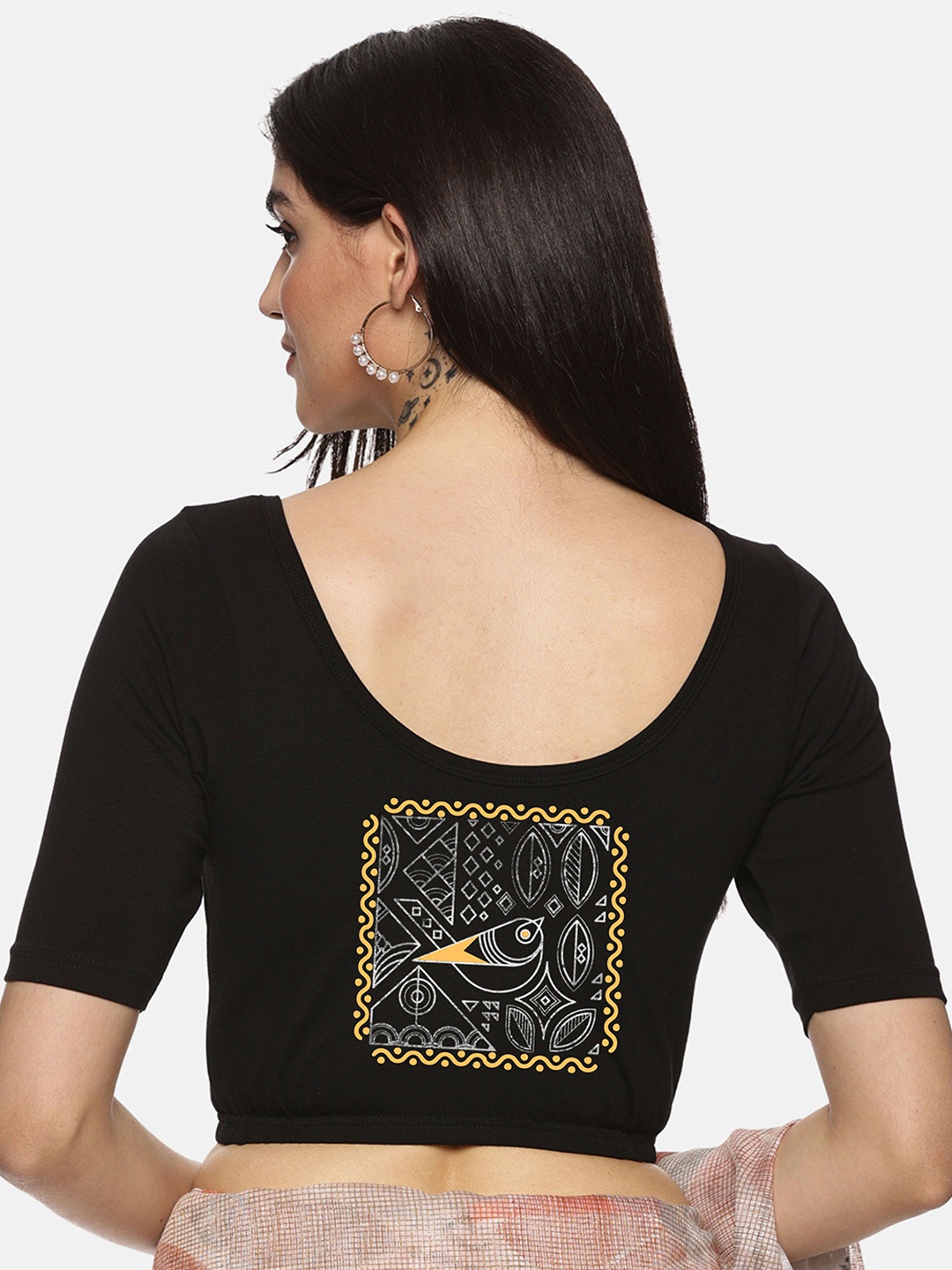 NOT YET by us Pluse Size Printed Non-Padded Stretchable Saree Blouse, Black
