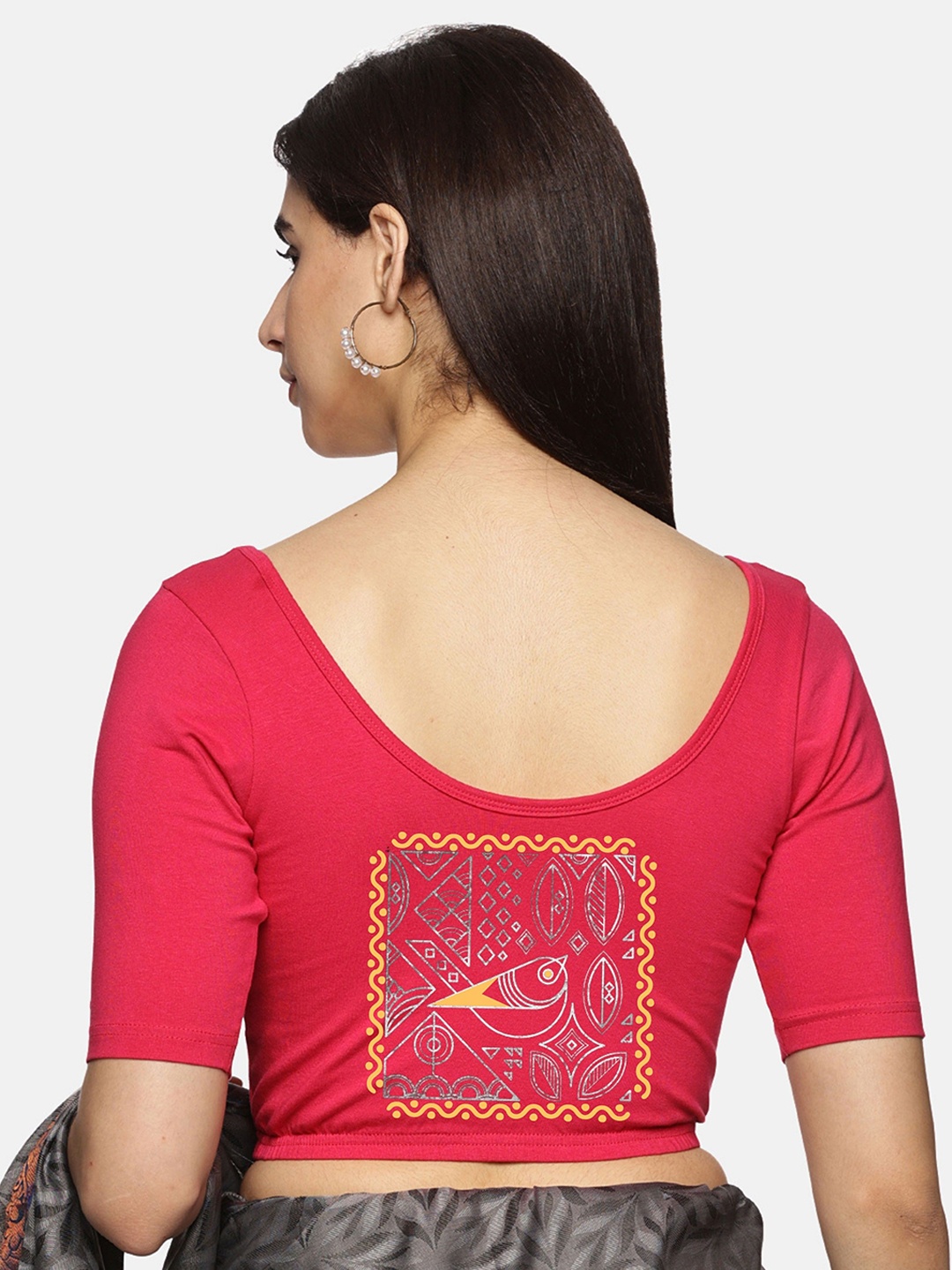 

NOT YET by us Printed Non-Padded Stretchable Saree Blouse, Pink
