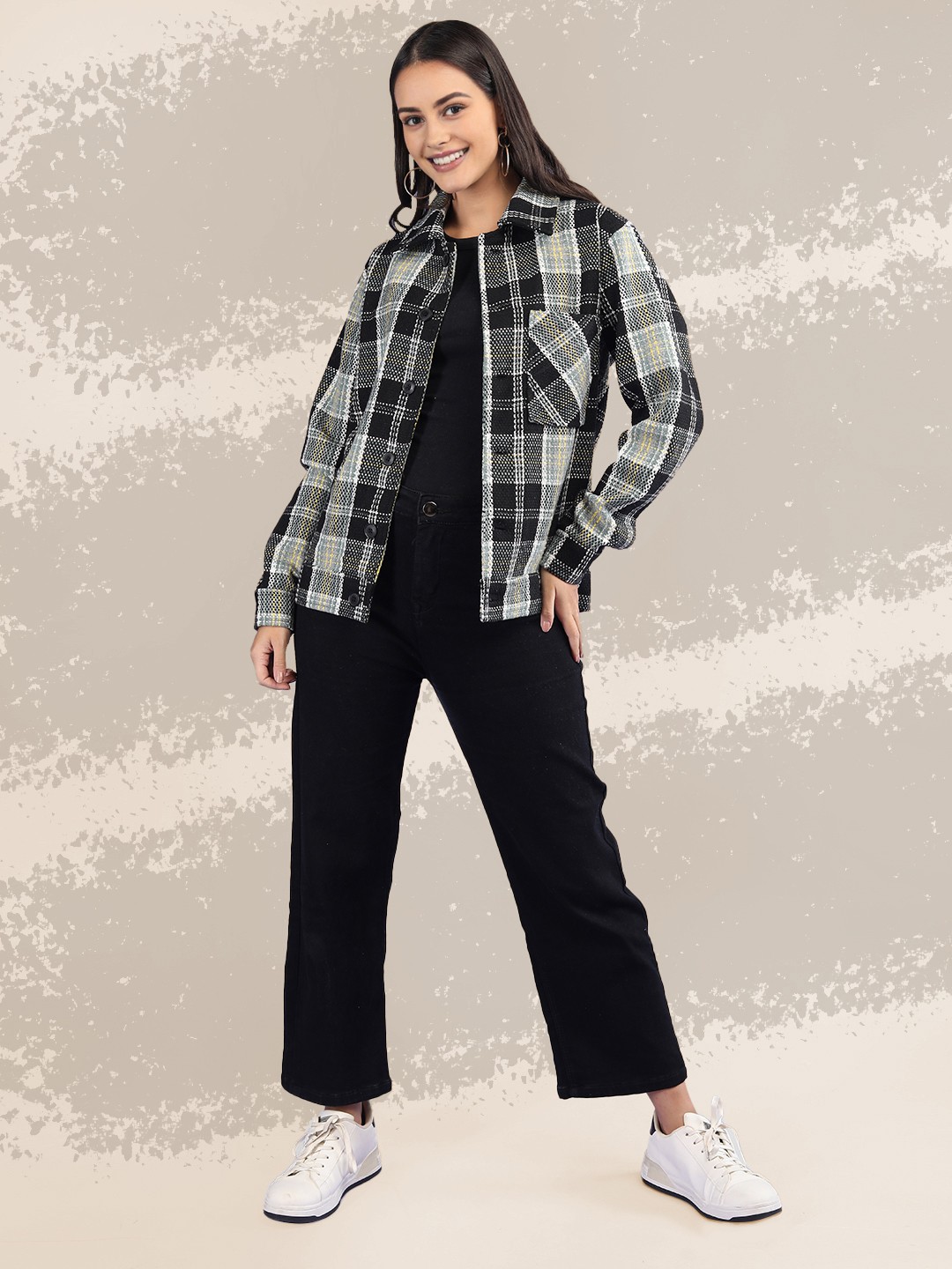 

Roadster Women Checked Woollen Shacket, Black