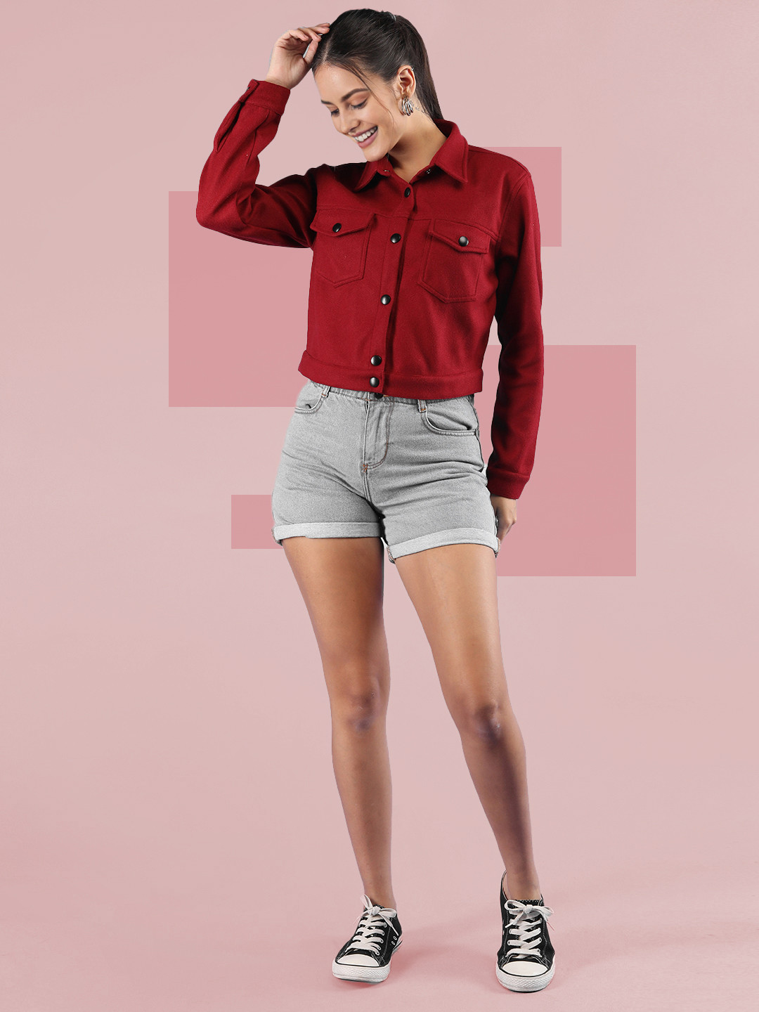 

The Roadster Lifestyle Co. Spread Collar Woollen Crop Tailored Jacket, Maroon