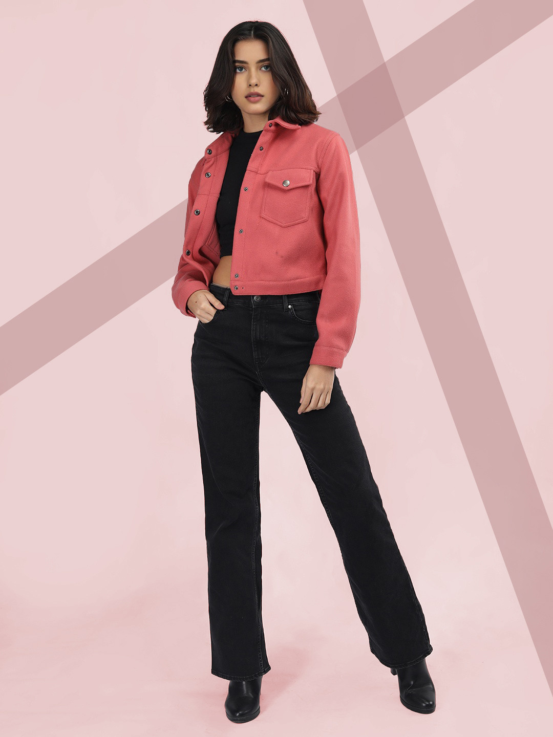 

The Roadster Lifestyle Co. Women Spread Collar Woollen Crop Tailored Jacket, Pink