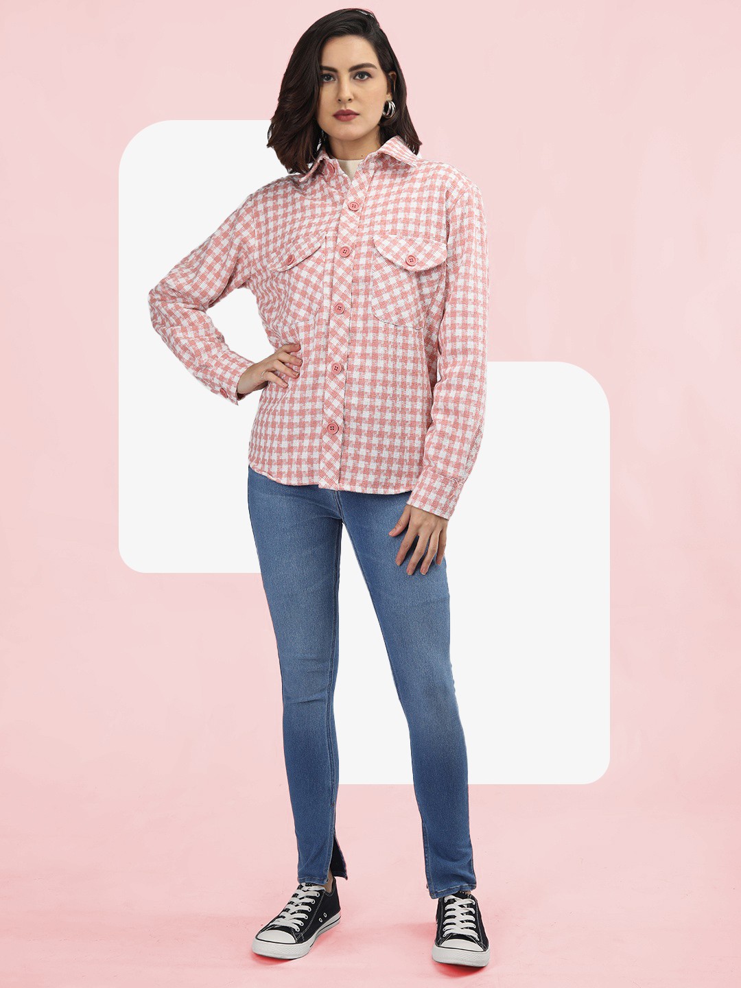 

The Roadster Lifestyle Co Women Checked Spread Collar Long Sleeve Shirt, Pink
