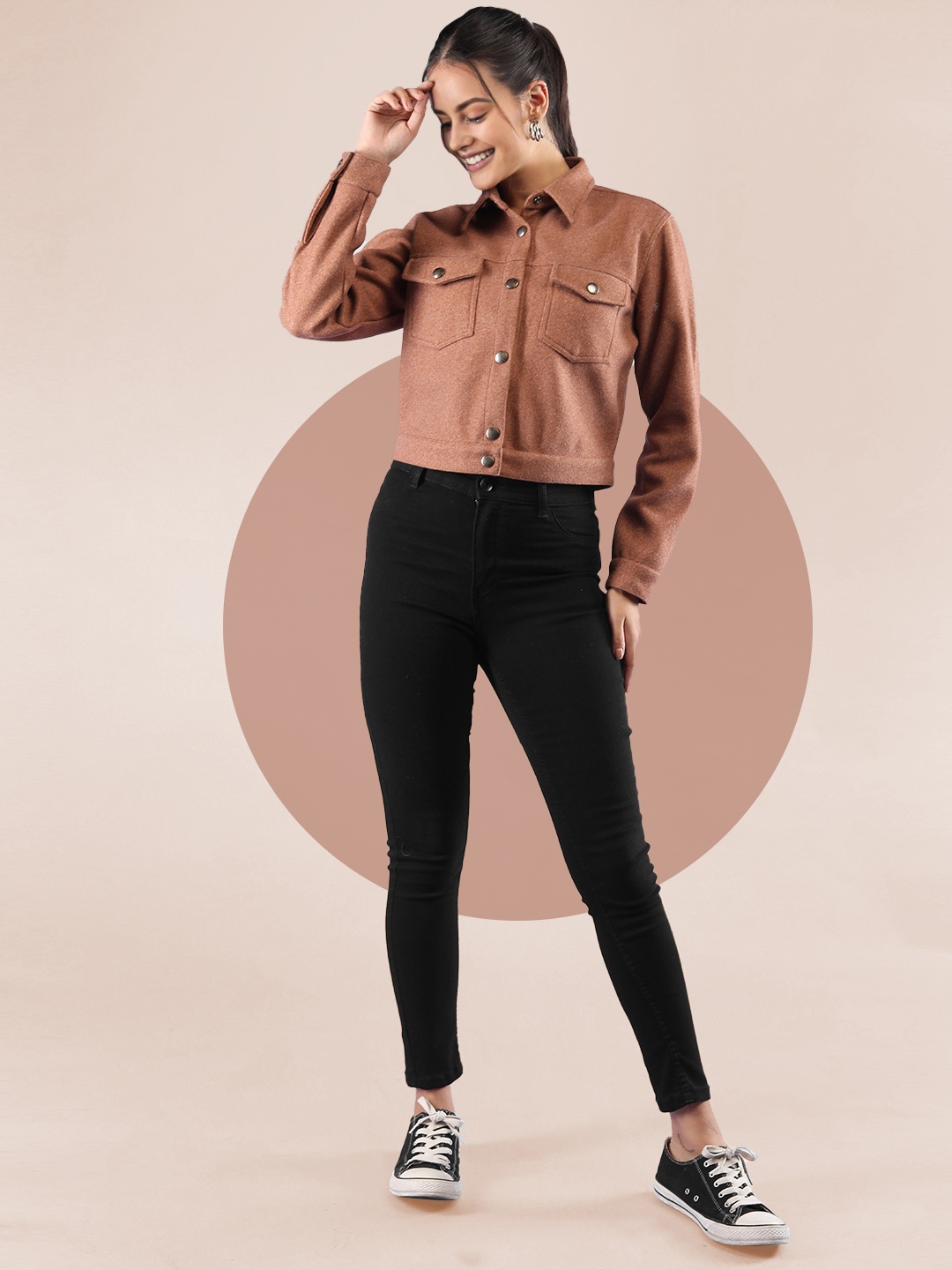 

The Roadster Lifestyle Co. Women Spread Collar Woollen Crop Tailored Jacket, Brown